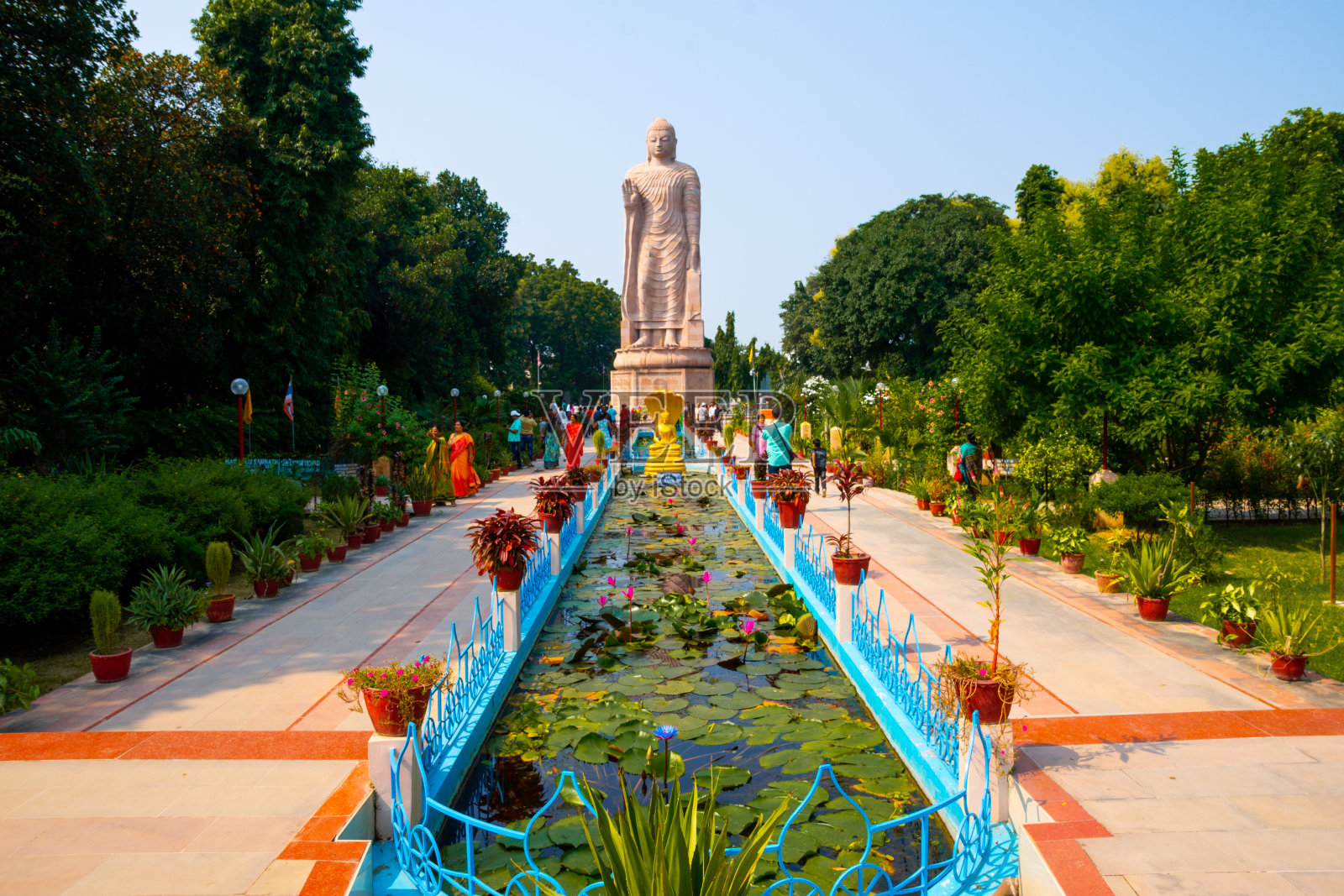 在印度瓦拉纳西萨尔纳特的佛教寺院，佛陀的巨大雕塑照片摄影图片