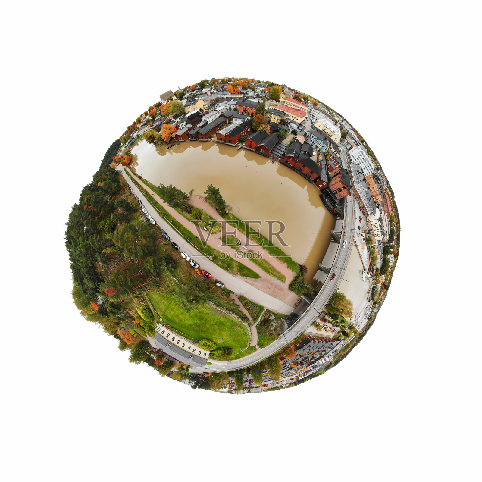 一个三维全景鸟瞰图的波尔沃老城，芬兰在一个微型行星全景风格。照片摄影图片