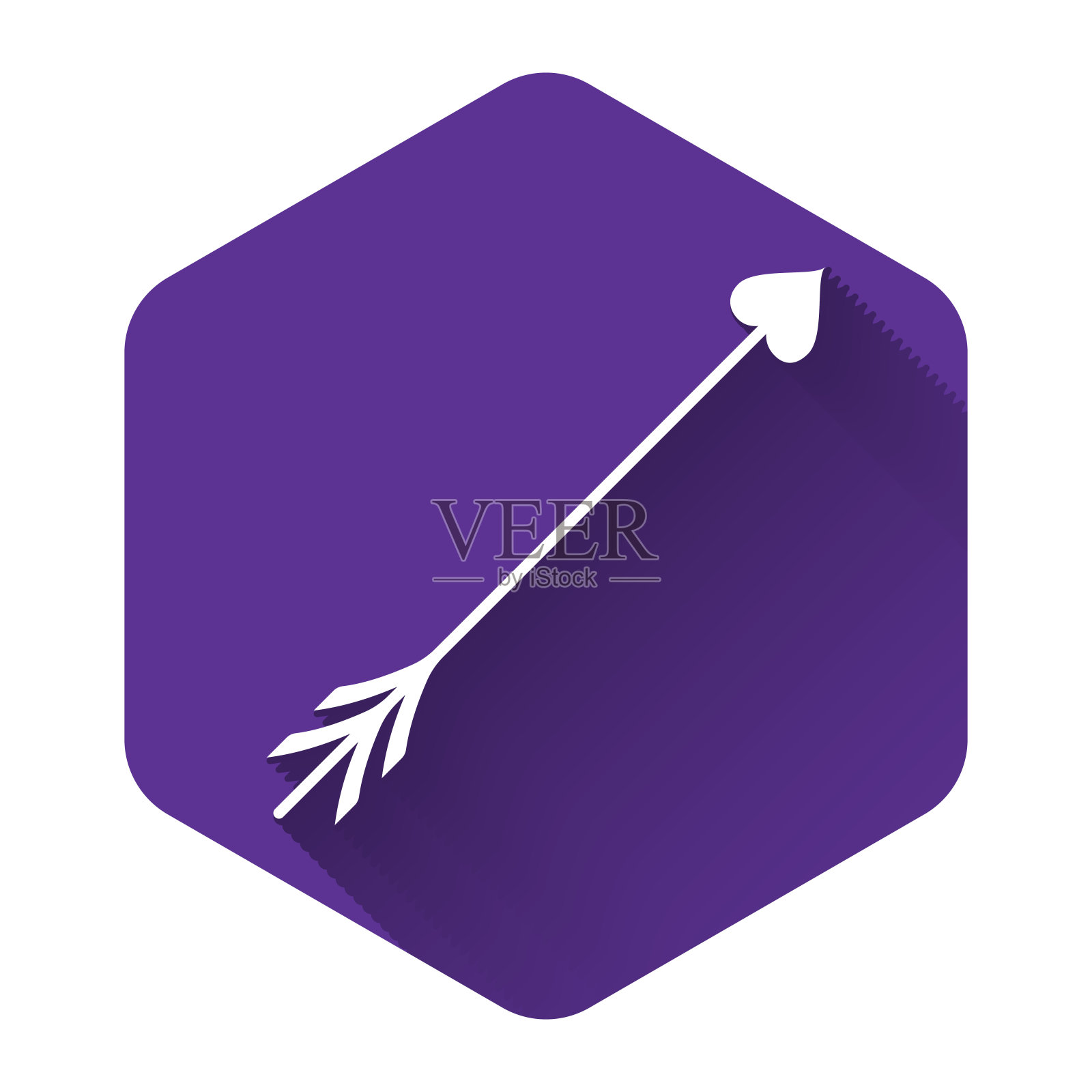 白色的丘比特心箭头，情人节卡片上的图标孤立着长长的影子。紫色的六角按钮。矢量图设计元素图片