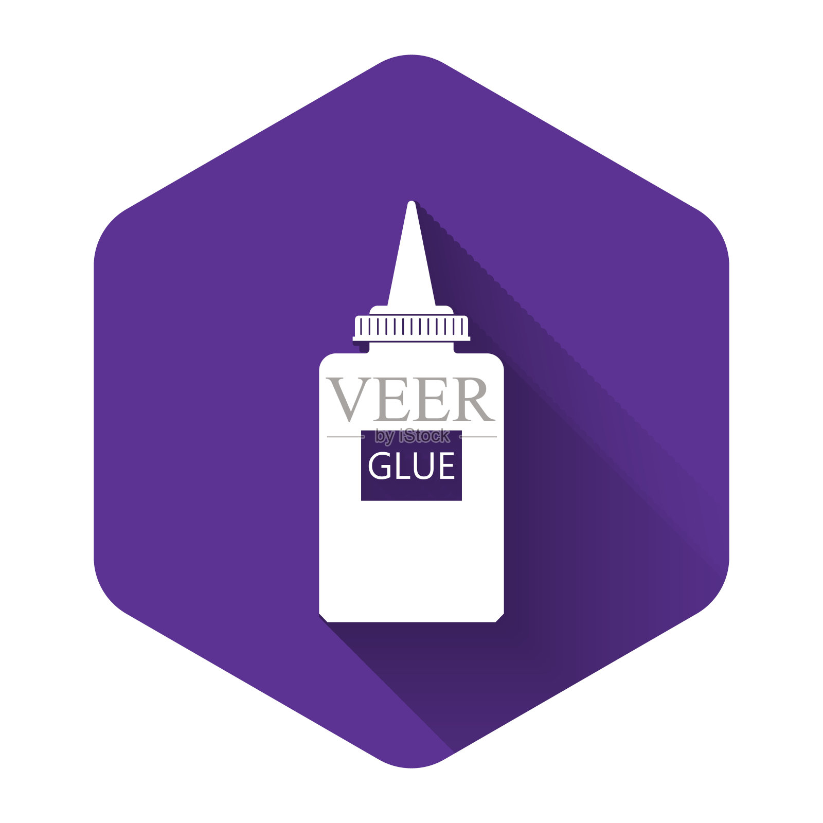 白色胶水图标孤立与长阴影。紫色的六角按钮。矢量图插画图片素材