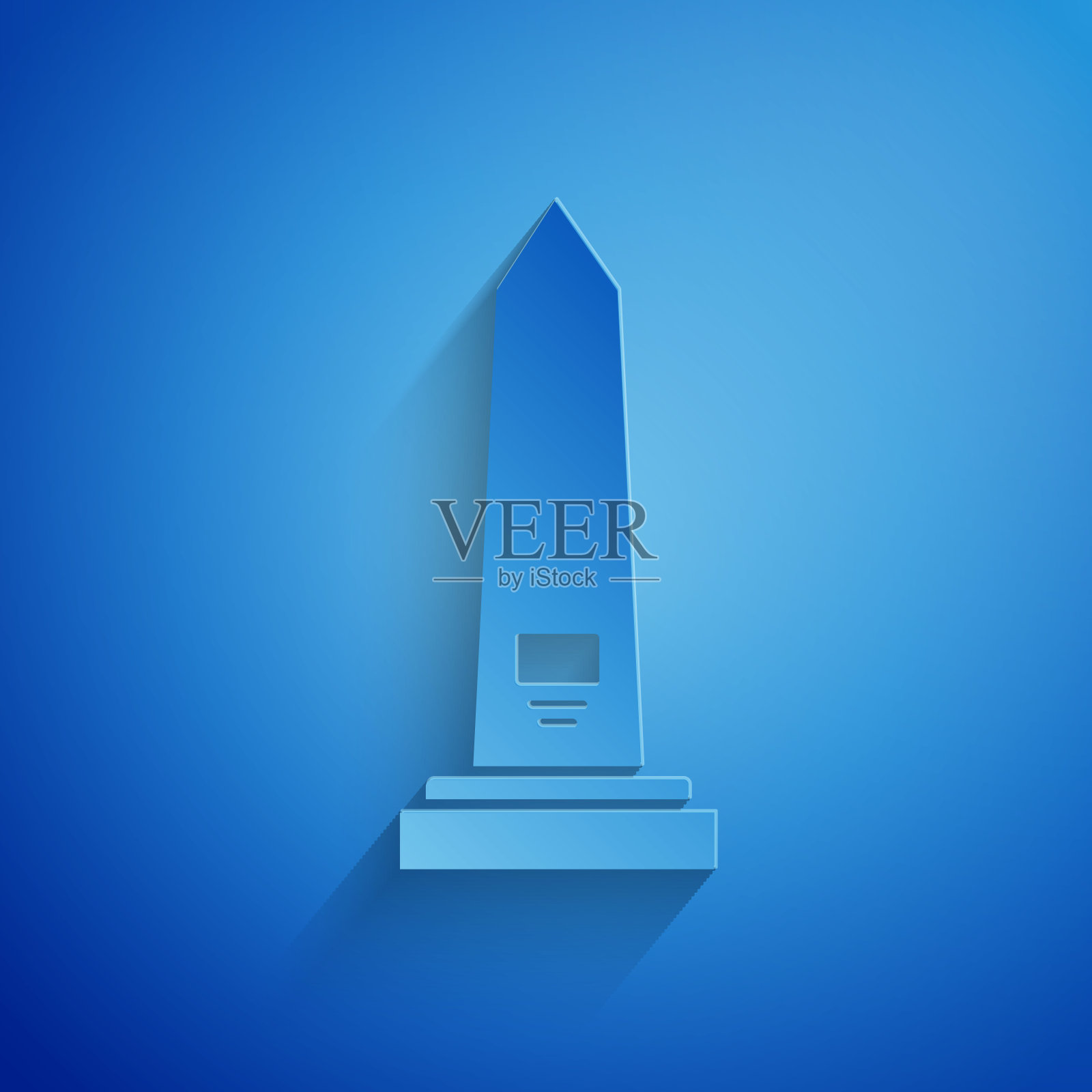 剪纸华盛顿纪念碑图标孤立在蓝色背景。纪念的概念，特区的里程碑，爱国主义。纸艺术风格。矢量图插画图片素材