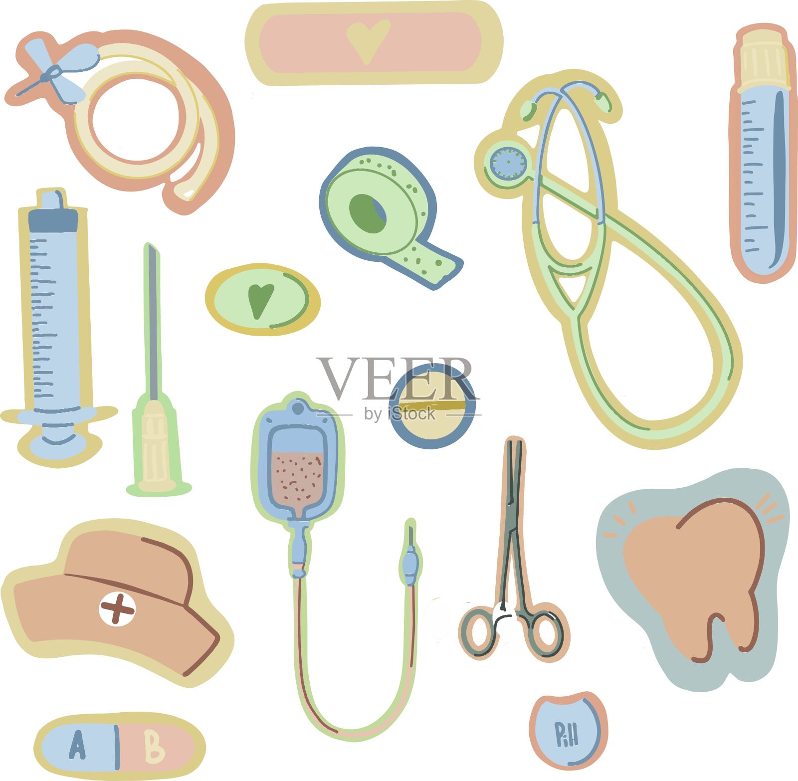 医用物品的一组矢量线图标-注射器，石膏，药片，试管，风扇内窥镜，钳，滴血器插画图片素材