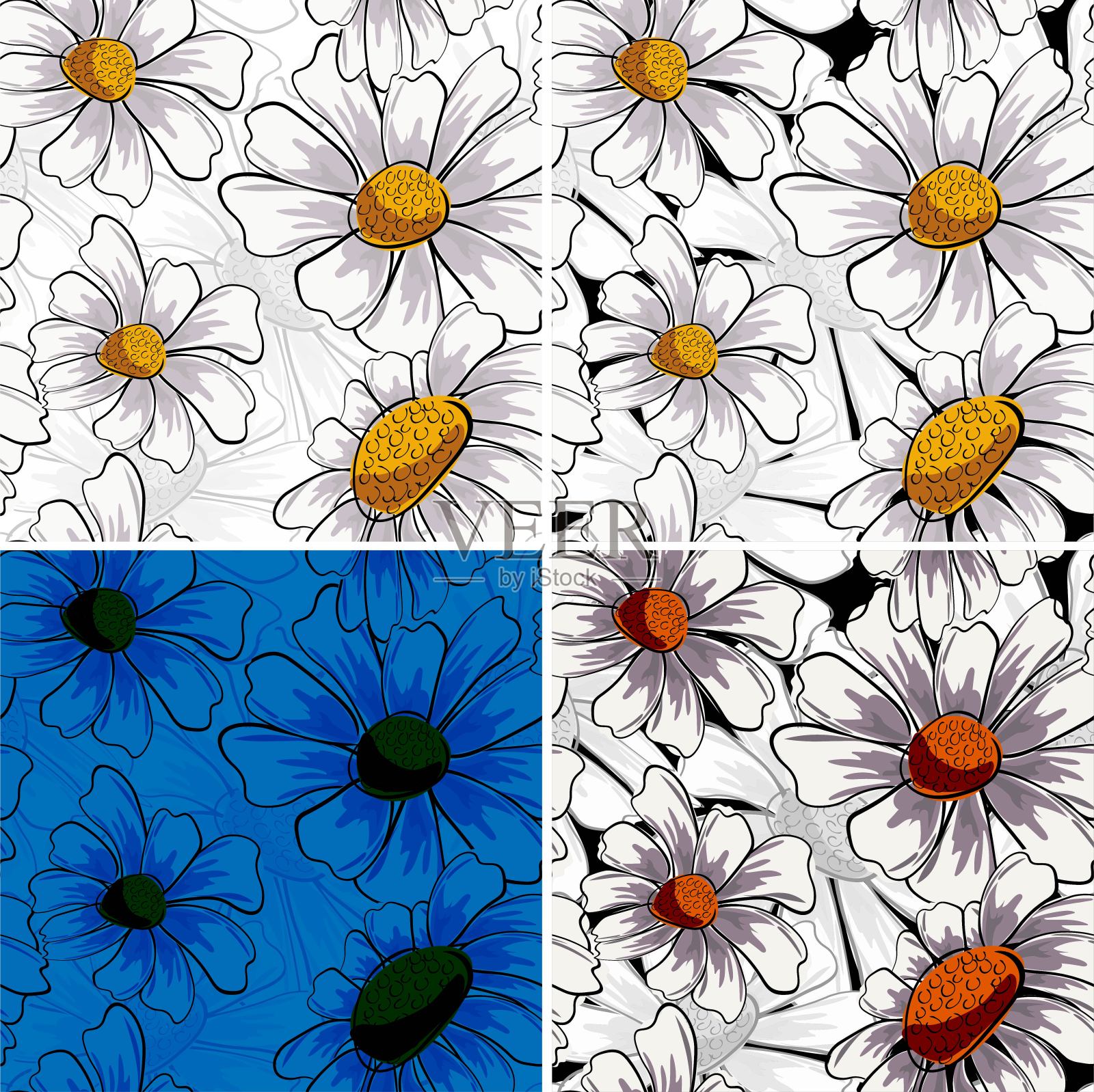 洋甘菊无缝装饰设计。花卉植物。白色的雏菊洋甘菊。向量花卉图案。花无缝模式插画图片素材