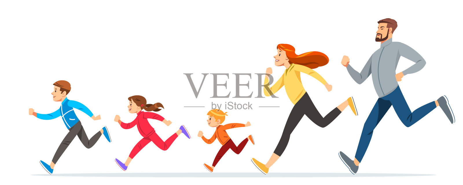 快乐的家庭和孩子跑步或慢跑运动和更好的健身在夏天。家庭关系良好。人民的基本卫生保健。插图为广告跑步运动插画图片素材