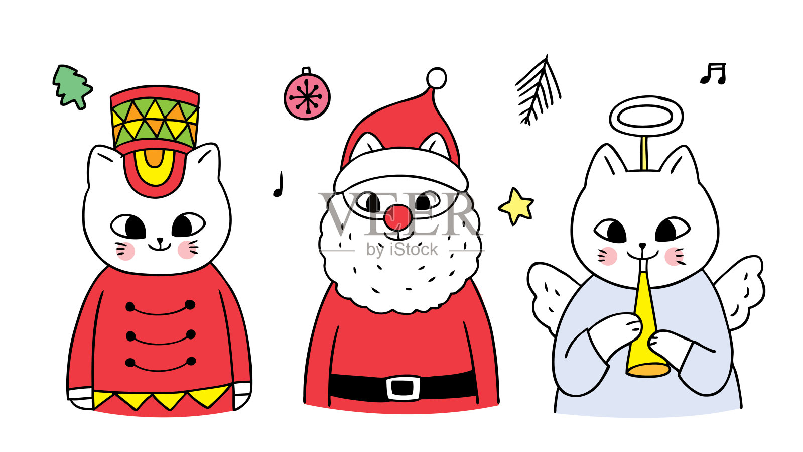 卡通可爱的圣诞，士兵和圣诞老人和天使猫向量。插画图片素材