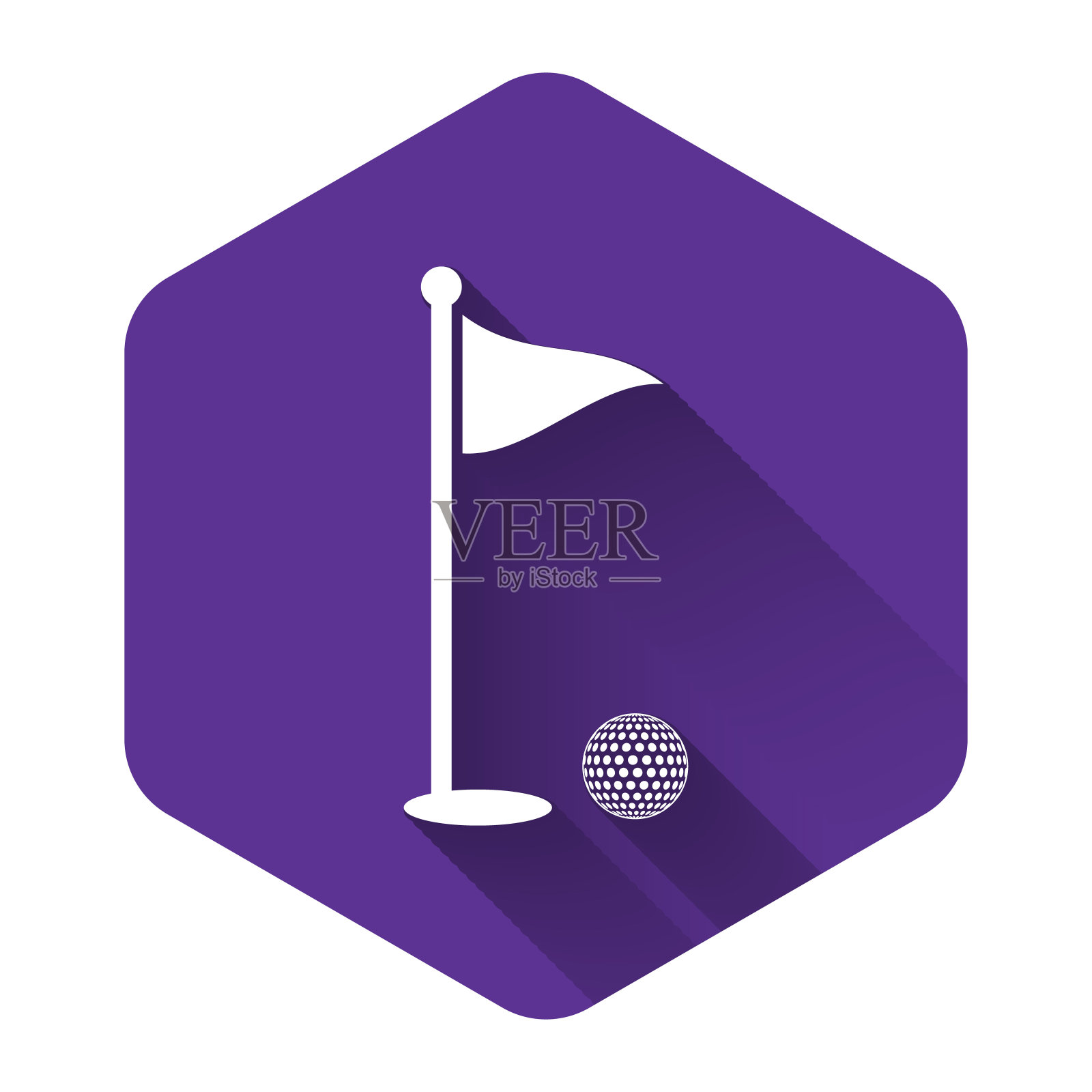 白色高尔夫球和洞与旗帜图标孤立与长影子。高尔夫球场。球和旗杆入洞。体育的概念。紫色的六角按钮。矢量图插画图片素材