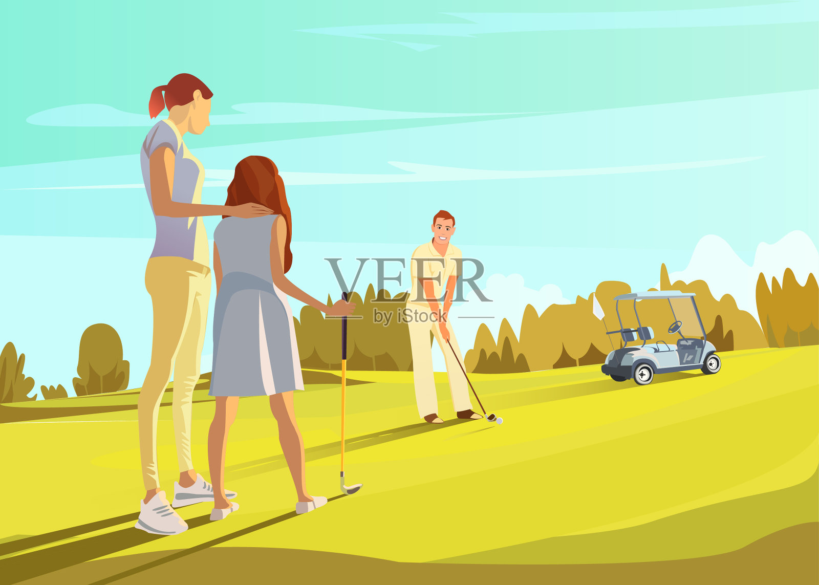 父亲教女儿打高尔夫球。插画图片素材