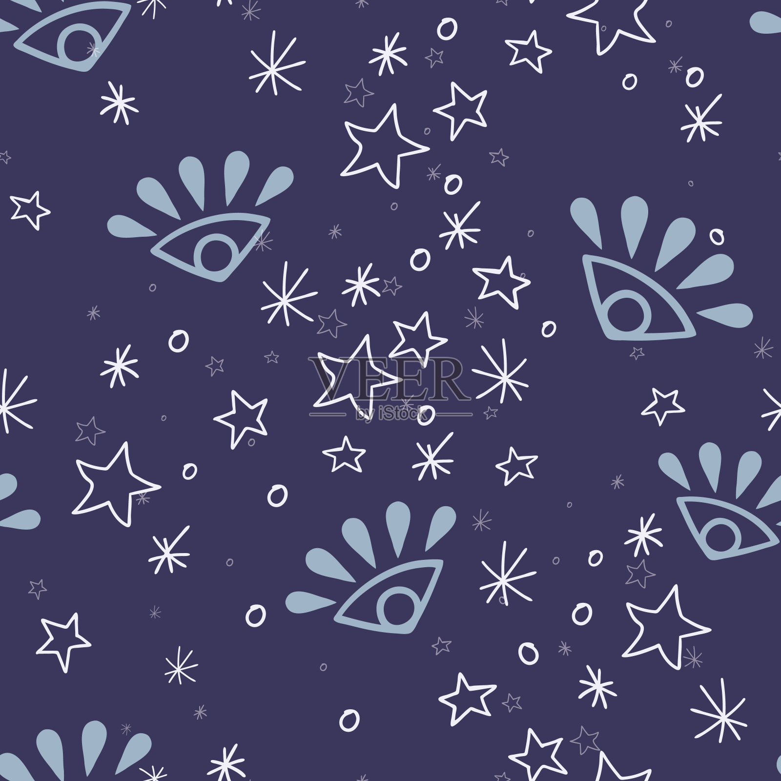 向量魔法森林仙女的眼睛在蓝色无缝模式背景。插画图片素材