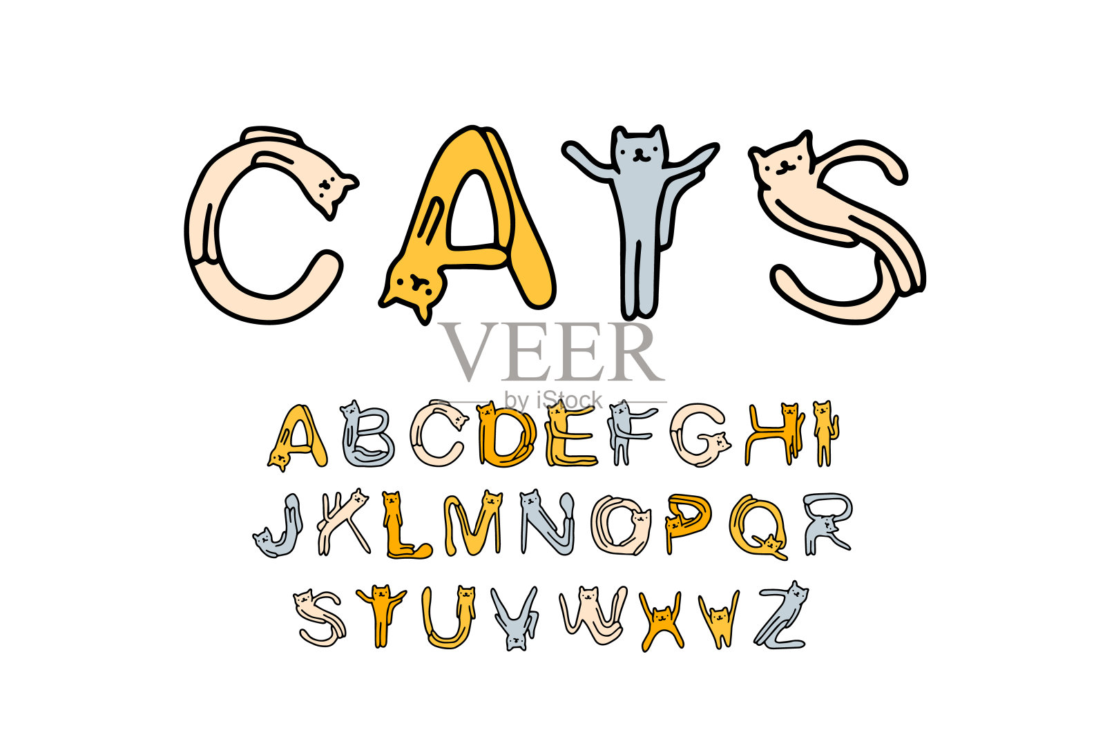 猫手绘矢量字体类型卡通漫画风格与家养动物图片-商业图片-正版原创图片下载购买-Veer图库