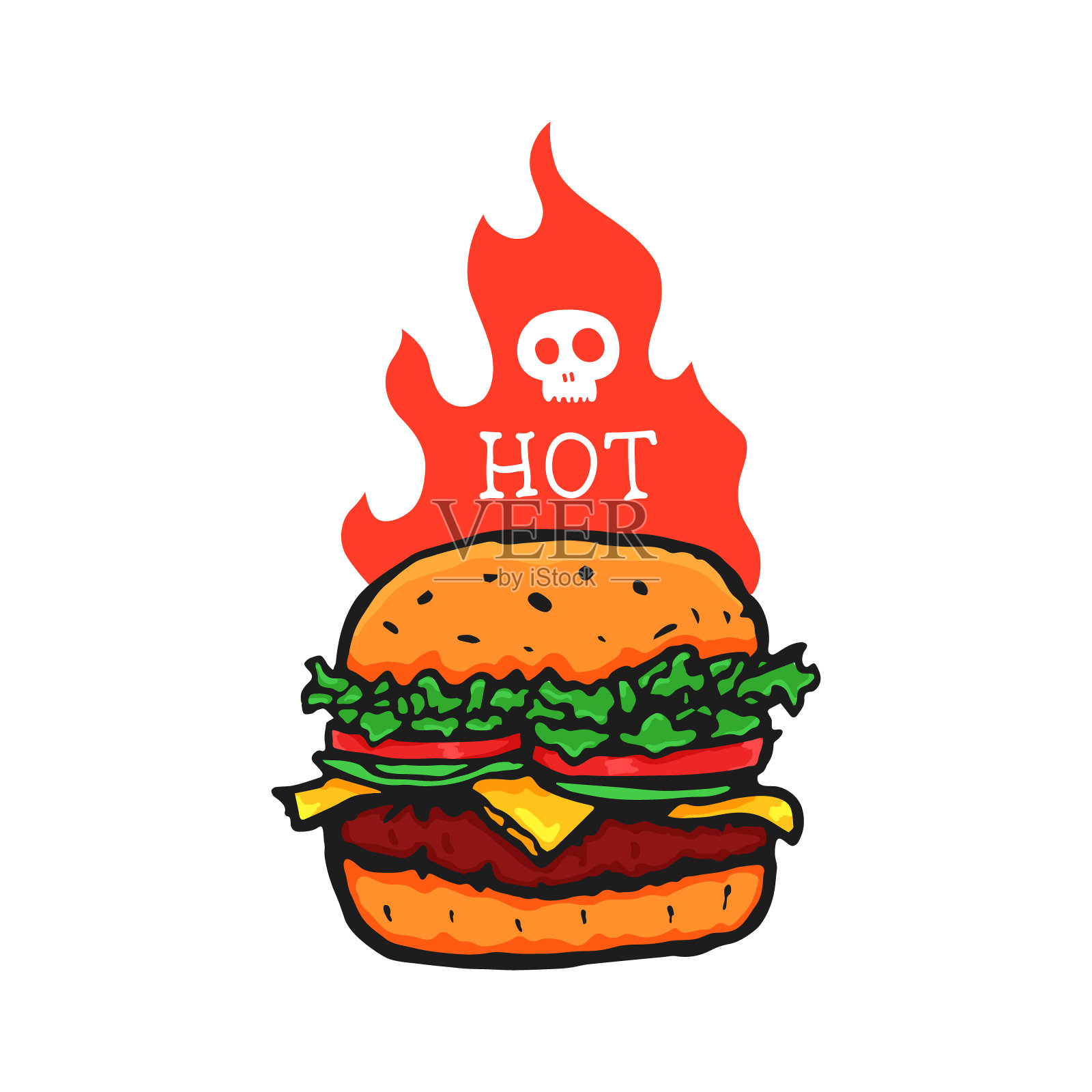用火焰绘制的汉堡手。向量设计元素图片