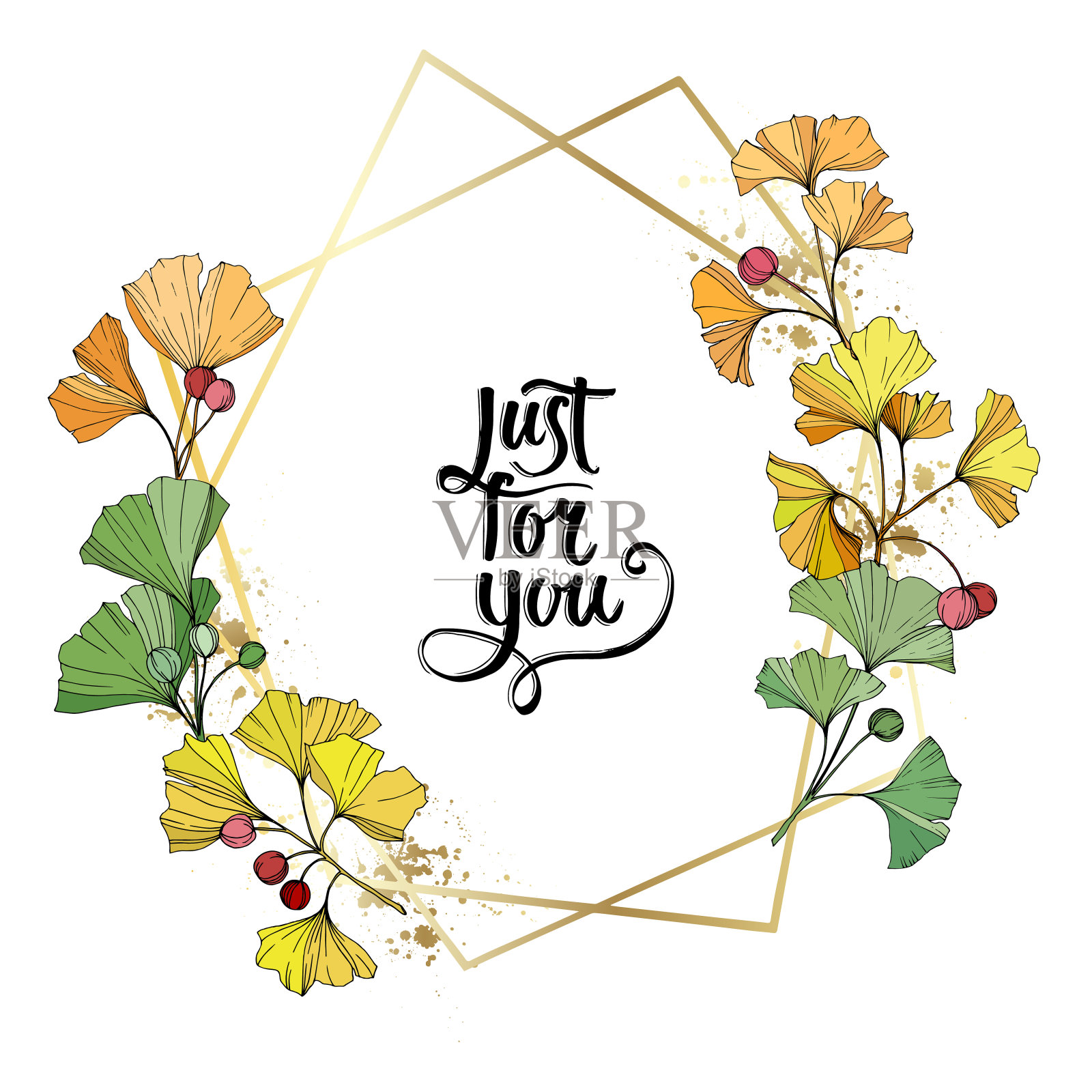 向量。银杏叶。金色的水晶。只是为了你的手写字母书法。插画图片素材