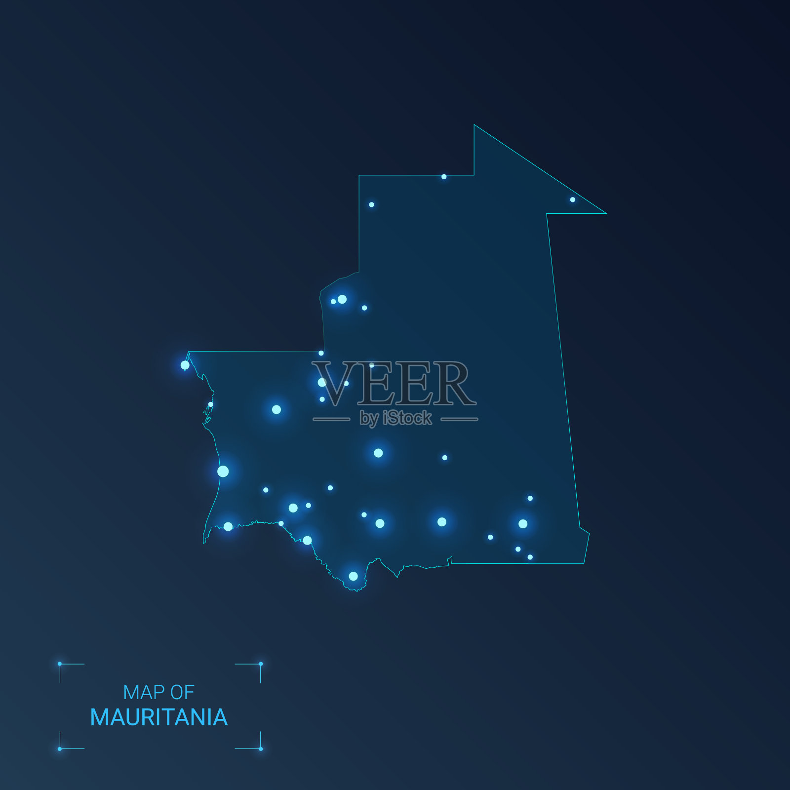 毛里塔尼亚地图与城市。发光点-在黑暗背景上的霓虹灯。矢量插图。插画图片素材