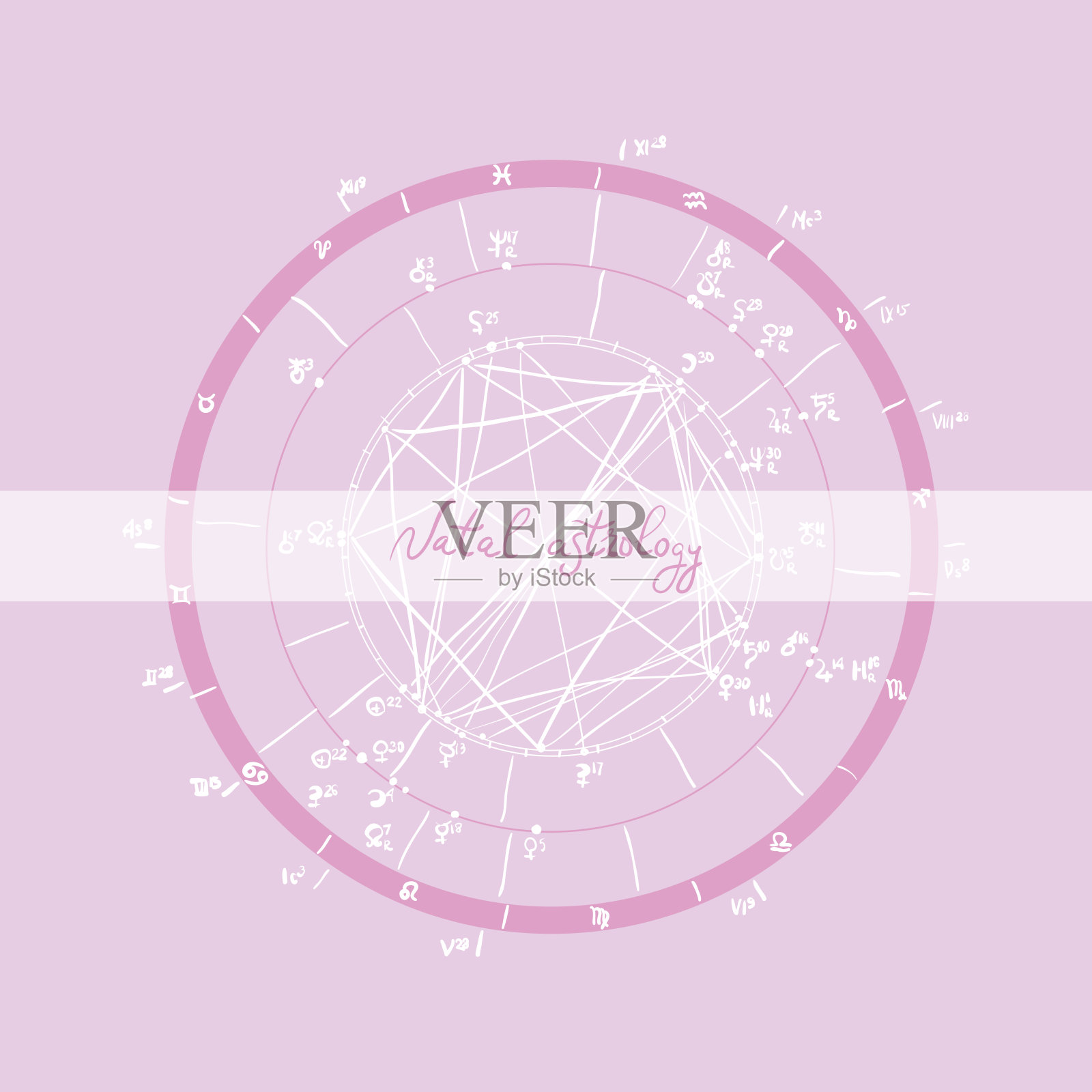 星象出生图、星象天体图、宇宙图、明球面、基数。草图，图案，轮廓，白色，淡紫色，粉红色。手绘书法。向量插画图片素材