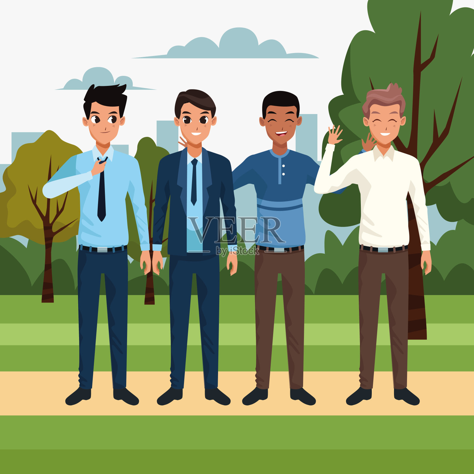 卡通青年朋友们站在公园里插画图片素材
