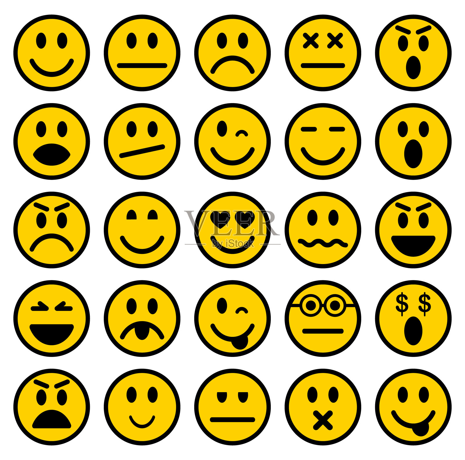 一套卡通平面风格的表情符号。Emoji图标集合。矢量插图形象。孤立在白色背景上。插画图片素材