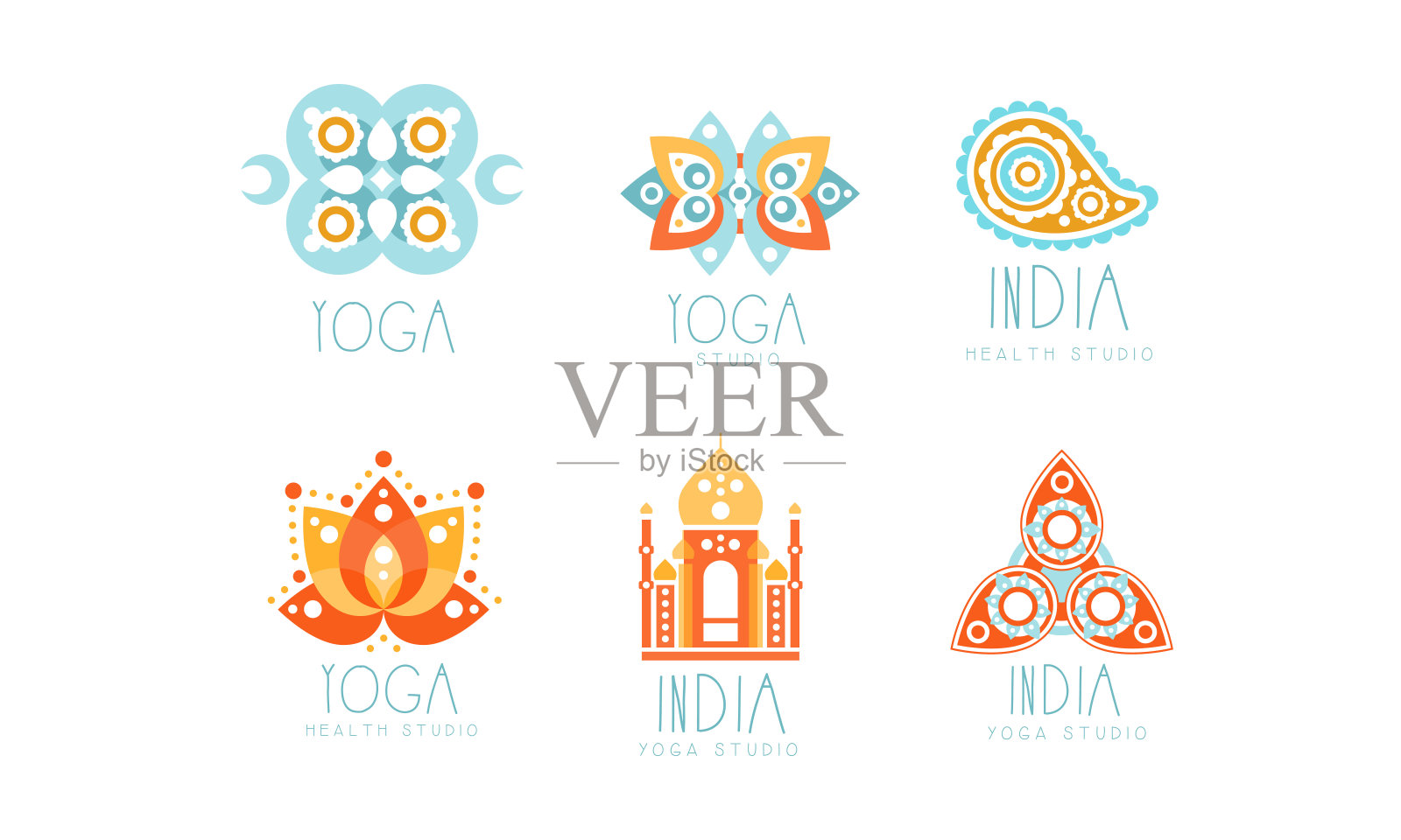 印度瑜伽工作室设置，健康中心标签矢量插图插画图片素材