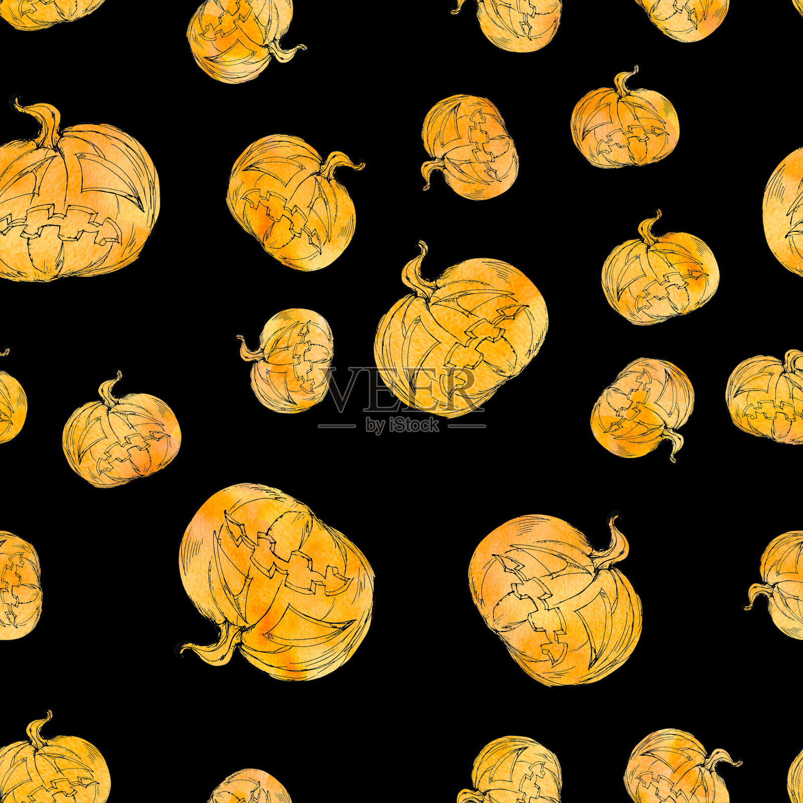 水彩手绘艺术鬼素描线艺术南瓜灯笼杰克卡通复古无缝图案插画图片素材