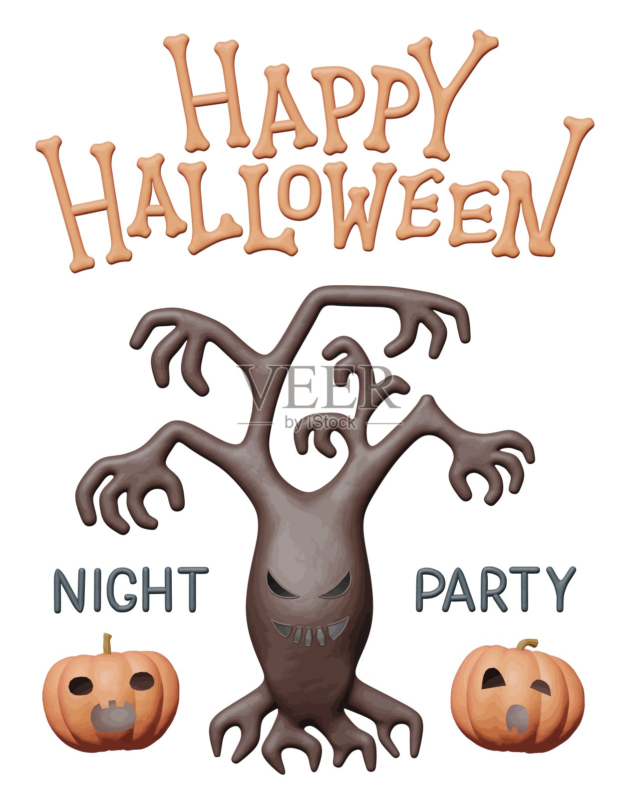 粘土矢量插图的可怕的树和南瓜万圣节派对。手工制作的3d形状元素快乐万圣节，幽灵假日传单。诡异的夜晚派对，可爱的十月卡片。插画图片素材