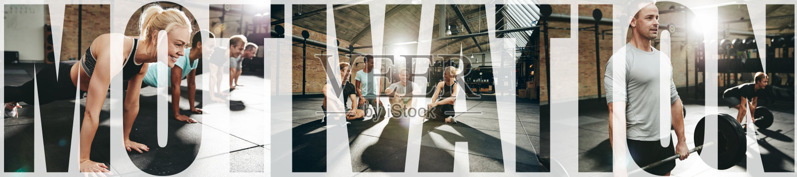 这是一组在健身俱乐部里微笑的人们的拼贴画照片摄影图片