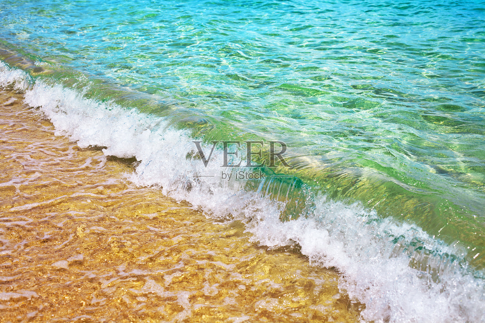 黄色的沙滩，蓝色的海浪和白色的泡沫景观，绿松石透明的海水飞溅，夏季假期概念，度假热带岛屿的背景，旅游横幅模板，复制空间照片摄影图片