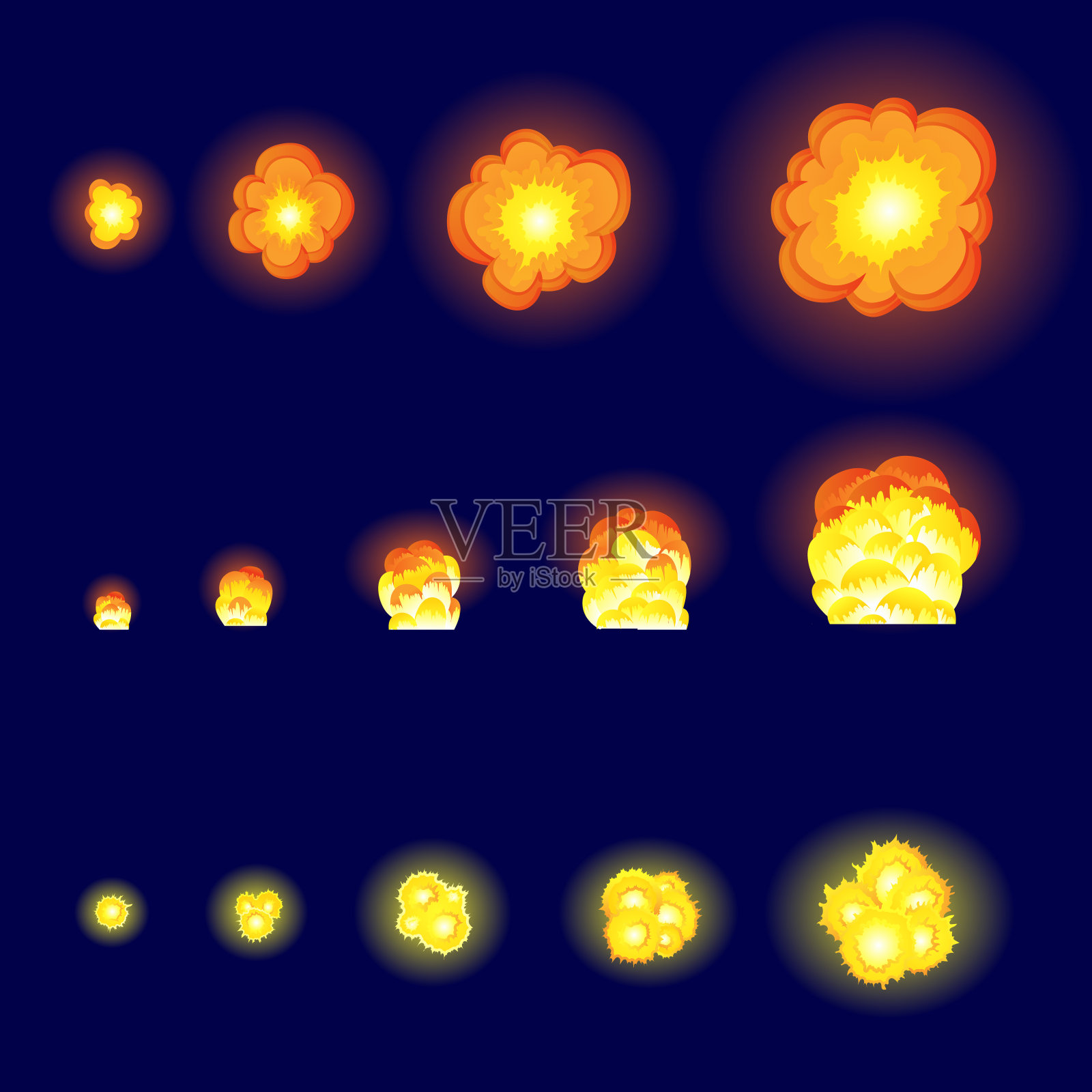 卡通爆炸与烟雾效果。效果爆炸，爆炸闪光，炸弹漫画书，矢量插图。动画为游戏的爆炸效果，分解成单独的帧插画图片素材