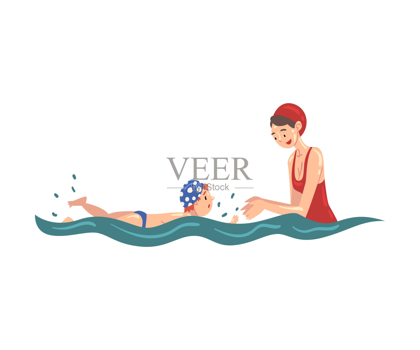 妈妈教她的小儿子游泳在游泳池矢量插图插画图片素材