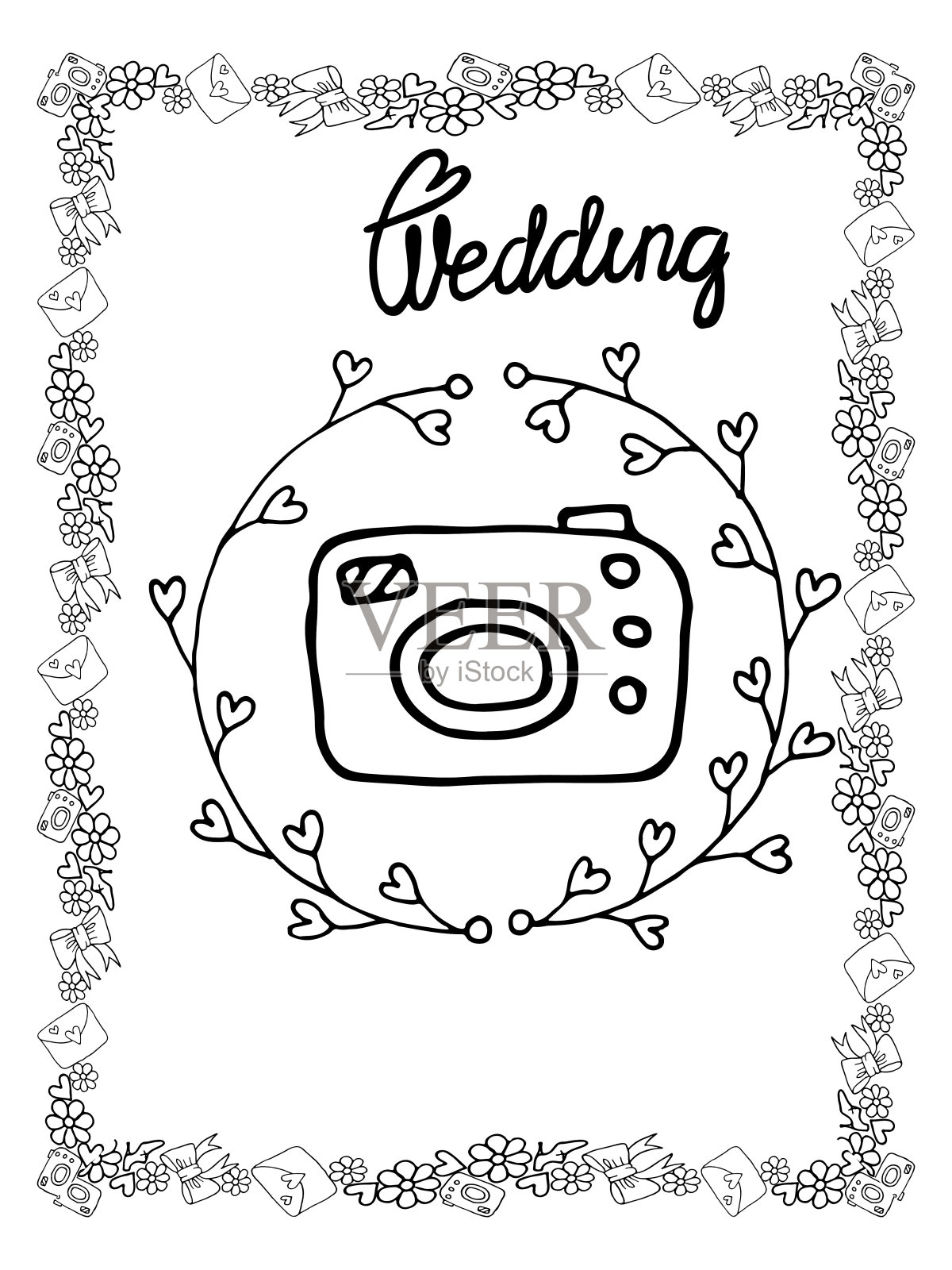 婚礼上色页孤立与线条艺术花环插画图片素材