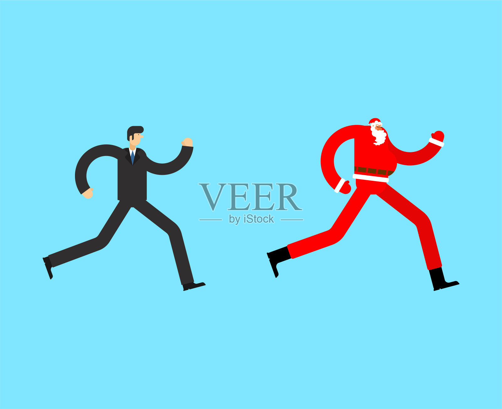 男人跑向圣诞老人。圣诞节销售。那家伙在追圣诞爷爷。圣诞和新年矢量插图插画图片素材