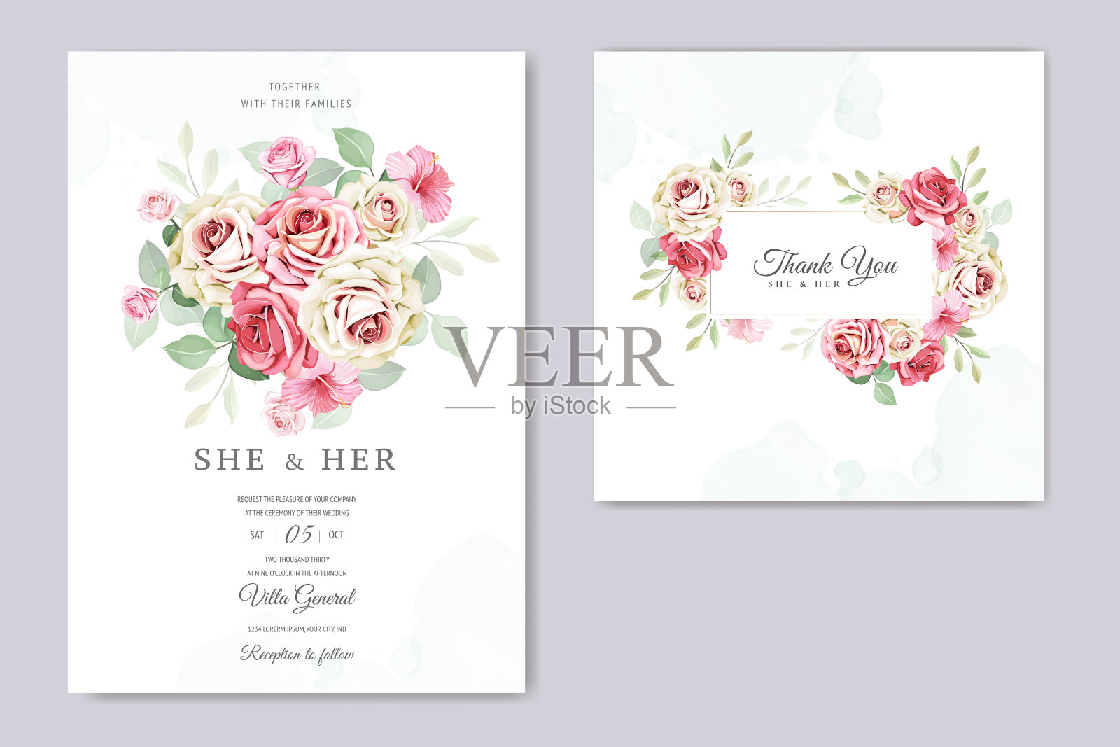 美丽的婚礼邀请卡与花卉和树叶模板设计模板素材