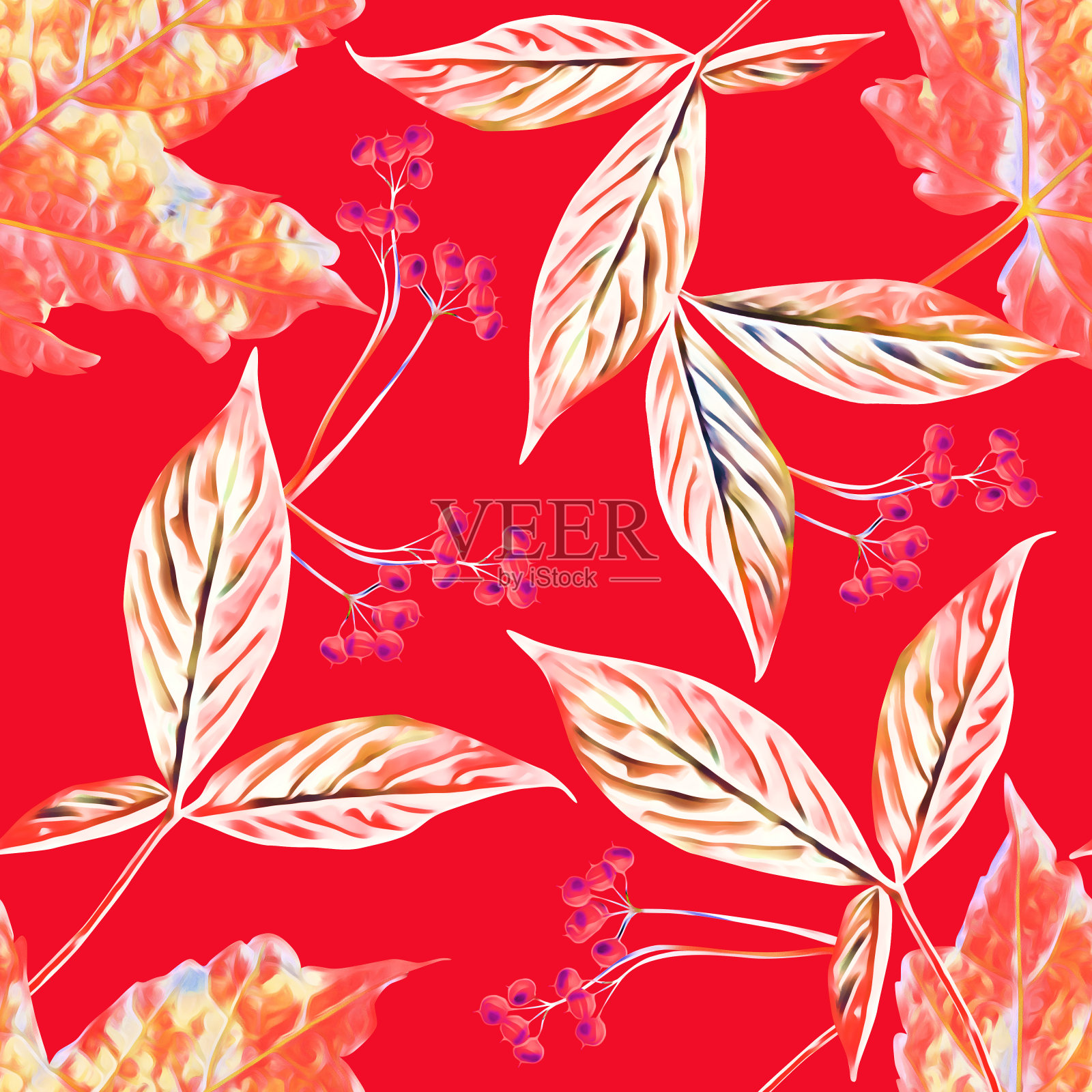 叶子和浆果无缝图案。插画图片素材