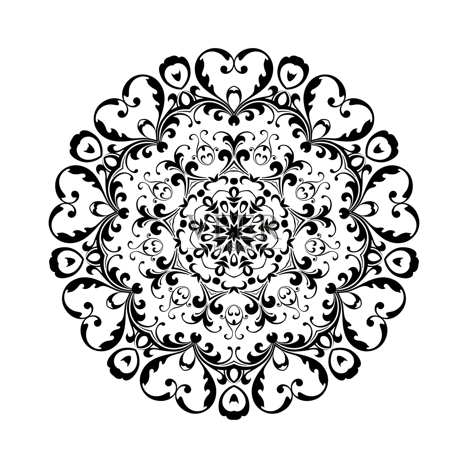 圆形的黑色曼荼罗在白色孤立的背景上。具有民族东方风格的装饰装饰。插画图片素材
