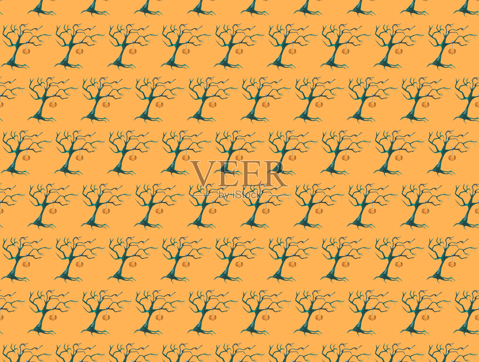 水彩万圣节无缝图案。在橙色背景上手绘魔法符号。令人毛骨悚然的树木。假期的设计。插画图片素材