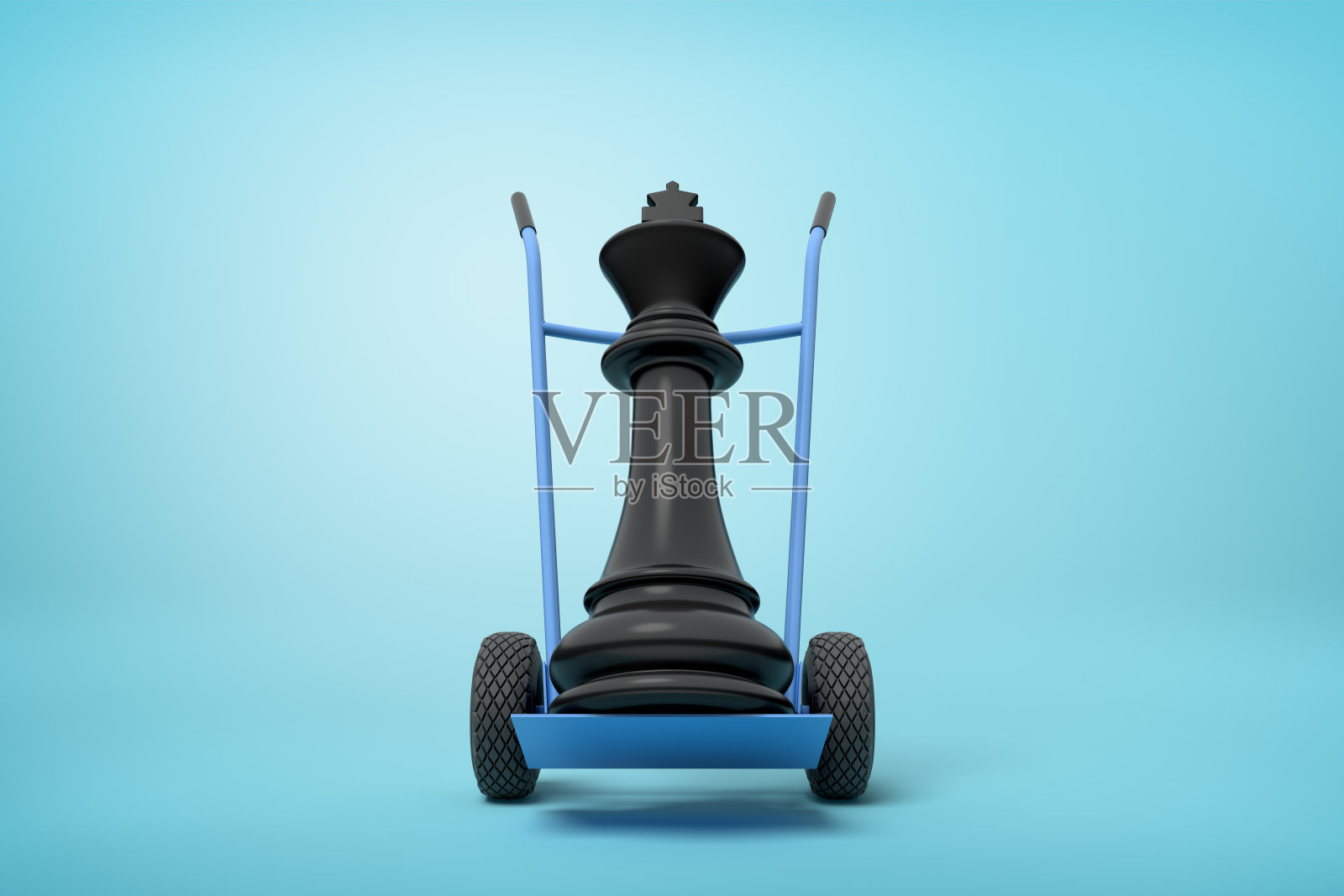 在浅蓝色背景上的蓝色手卡车上的黑色象棋王的3d特写渲染。照片摄影图片