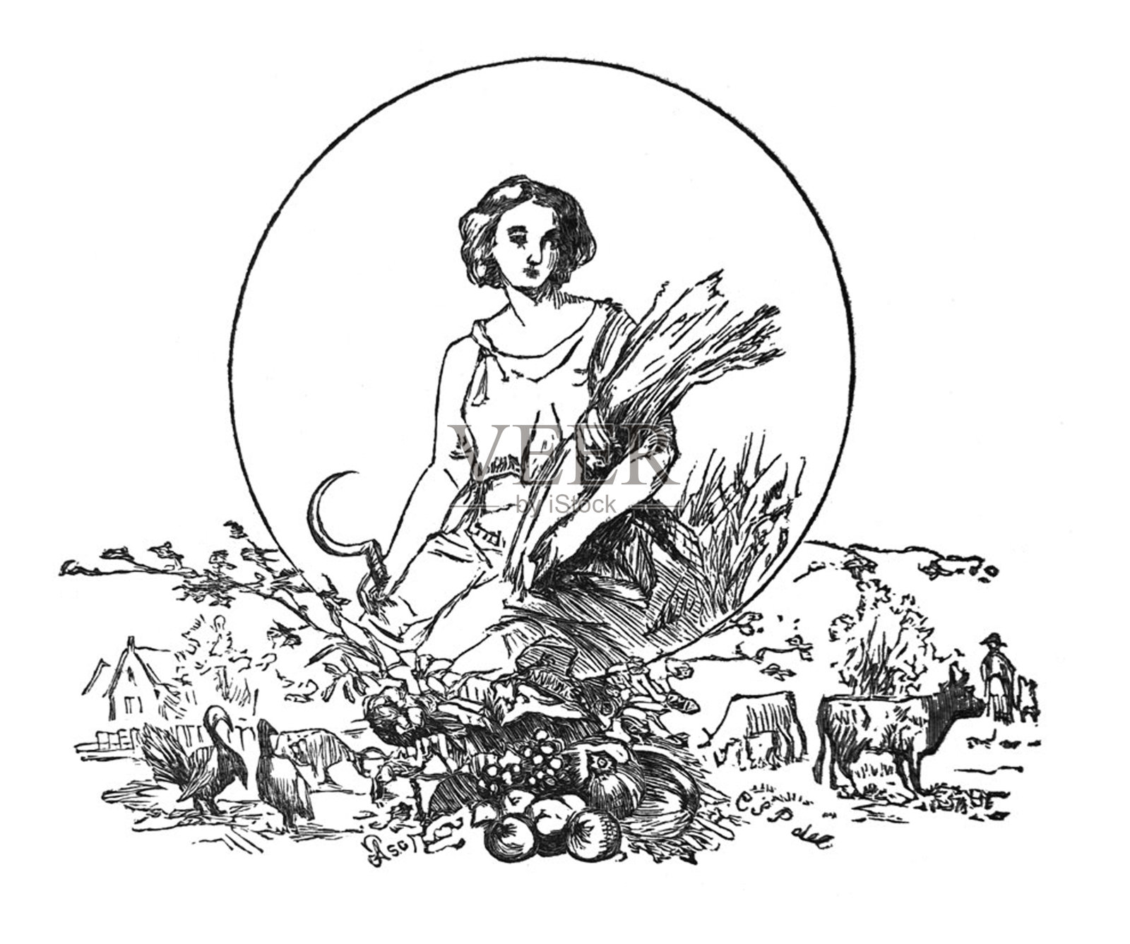 美国历史-妇女与小麦周围的农场动物和收获插画图片素材