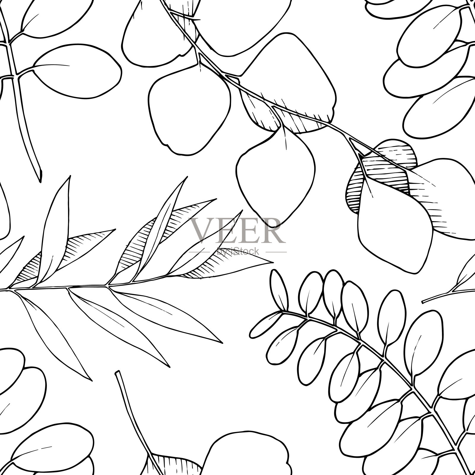 矢桉叶枝。黑白篆刻水墨艺术。无缝的背景图案。插画图片素材