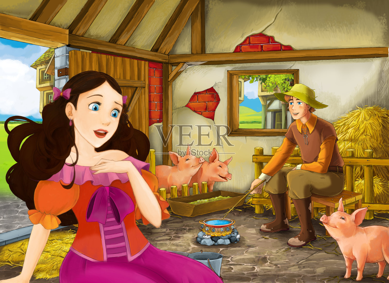 公主和农场主在猪圈里的卡通场景插画图片素材