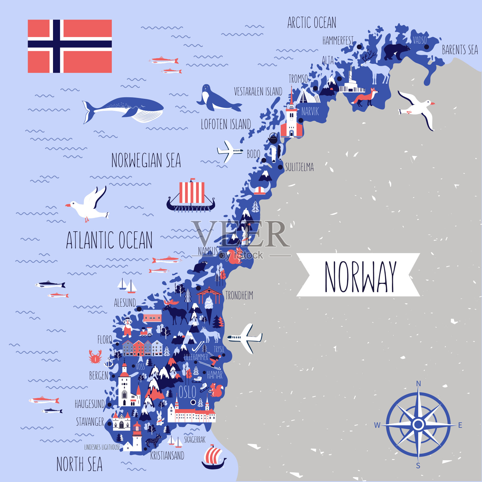 挪威旅游卡通矢量地图，挪威地标Brygge, Lindesnes灯塔，Narvik，斯塔万格大教堂，Akershus城堡，北极光大教堂，斯堪的纳维亚，装饰性野生动物插画图片素材