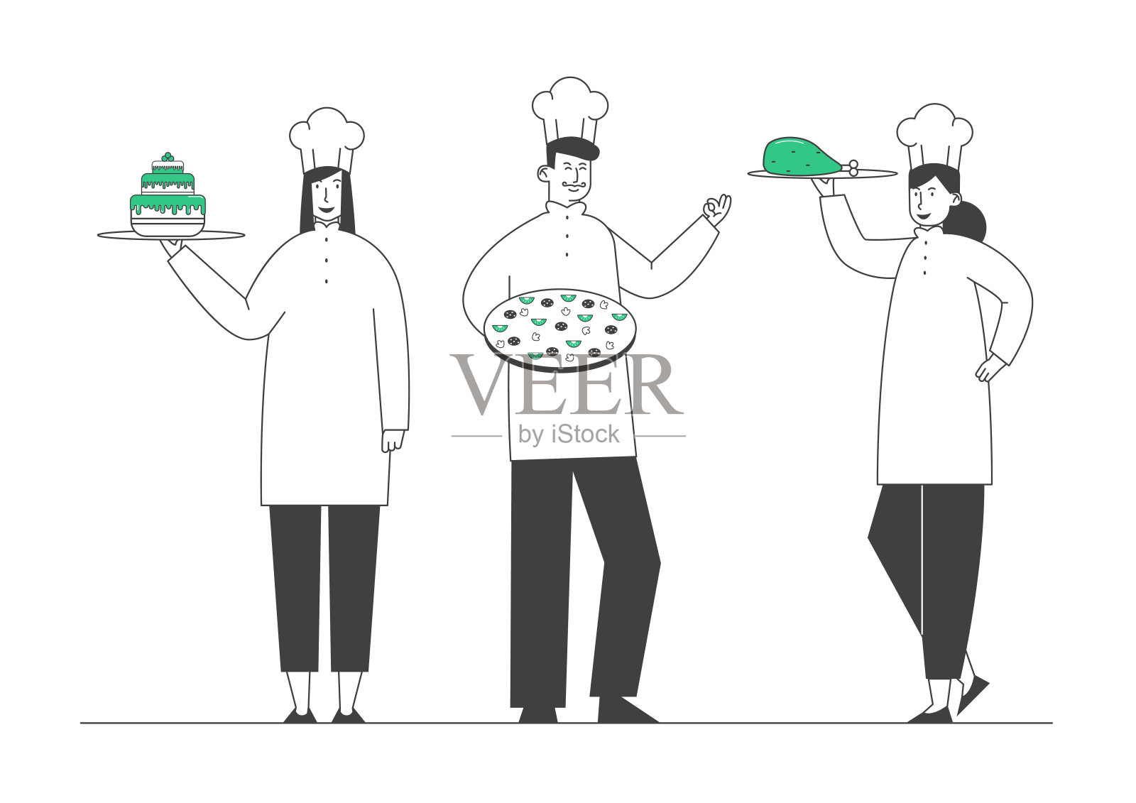 男和女厨师在托克和围裙拿着盘子在手中披萨蛋糕肉。餐厅工作人员演示菜单为客人提供服务的咖啡厅，披萨店。卡通平面矢量插图，线条艺术插画图片素材