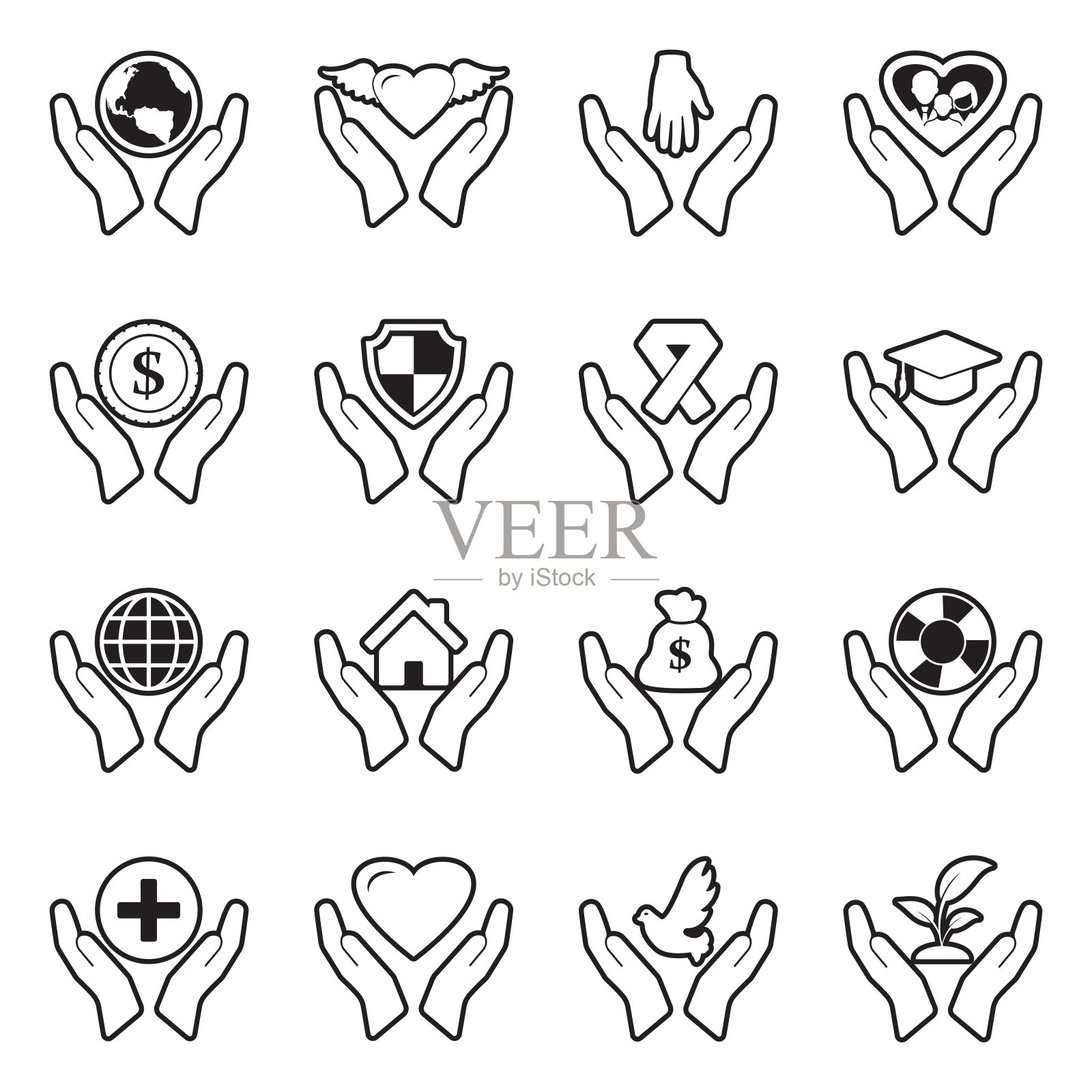 关怀和支持图标。线条与填充设计。矢量插图。插画图片素材