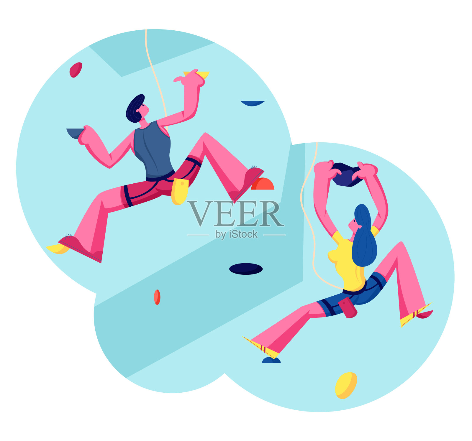 人们攀登岩壁，男人和女孩在娱乐区内训练和运动，并使用绳索在游乐场或游乐场进行攀岩活动。休闲游戏。卡通矢量图插画图片素材