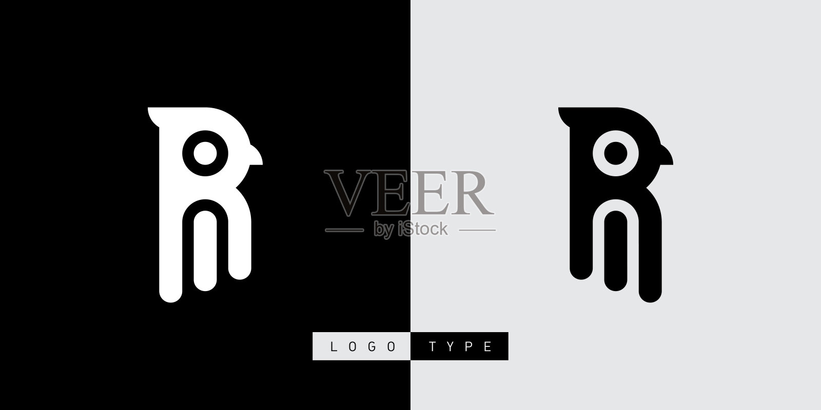 有喙和冠的鸟。R和I的初始标志有两个选择。RI首字母标志类型。红外设计元素或图标看起来像有翅膀的鸟。插画图片素材