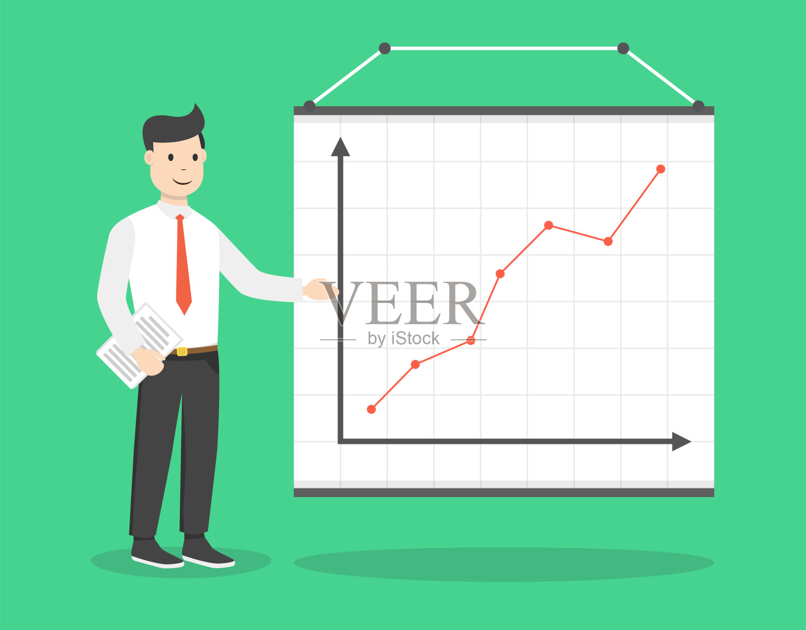 商人手里拿着文件展示收入表。向投资者介绍收入增长情况。平的卡通风格。矢量插图。插画图片素材