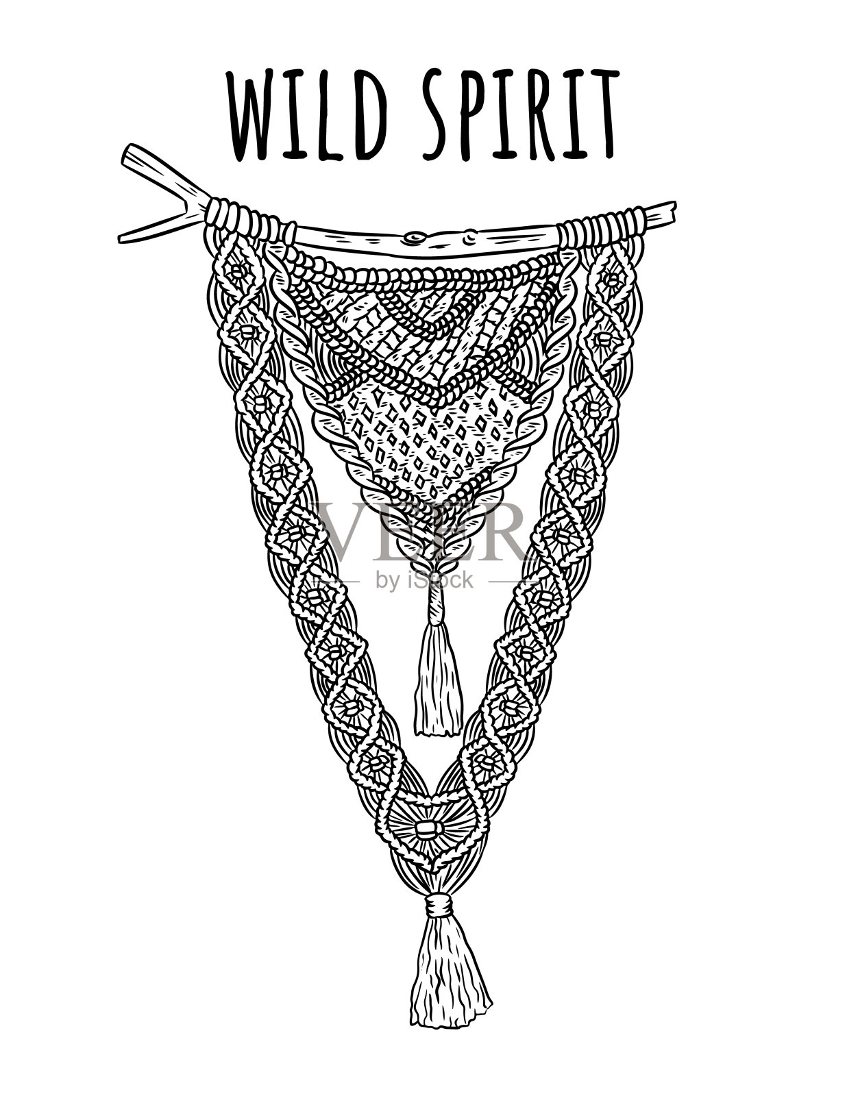疯狂的精神。流苏波西米亚风格的标签。纺织品打结设计元素。简单的单线现代本土交织字母插画图片素材