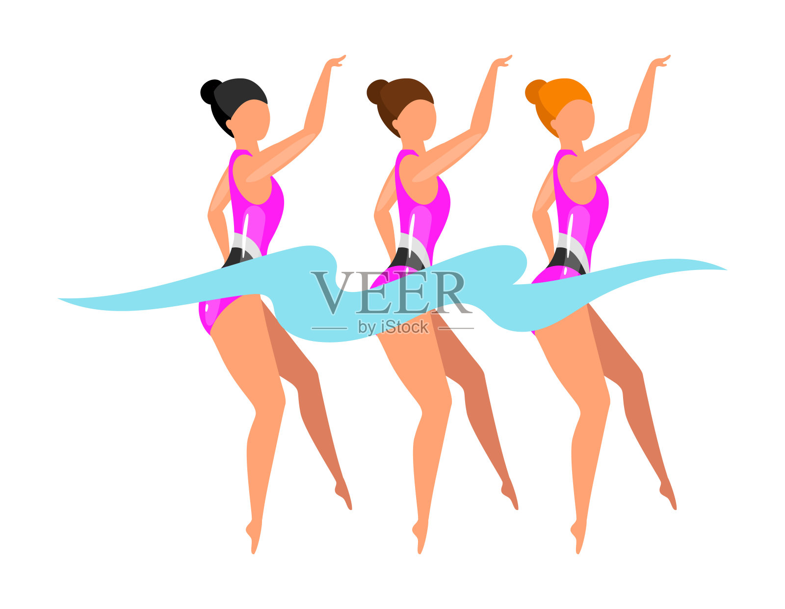 同步游泳平面矢量插图。极限运动。积极的生活方式。水中团队合作训练。夏季户外活动。女运动员孤立的卡通人物在白色的背景插画图片素材