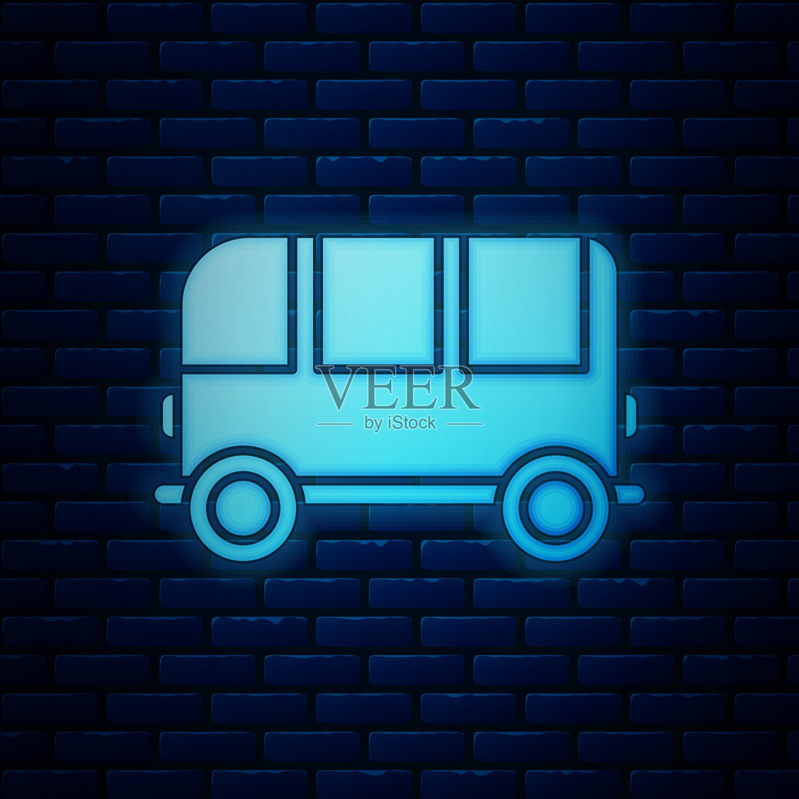 发光的霓虹灯学校巴士图标孤立在砖墙的背景。矢量图插画图片素材