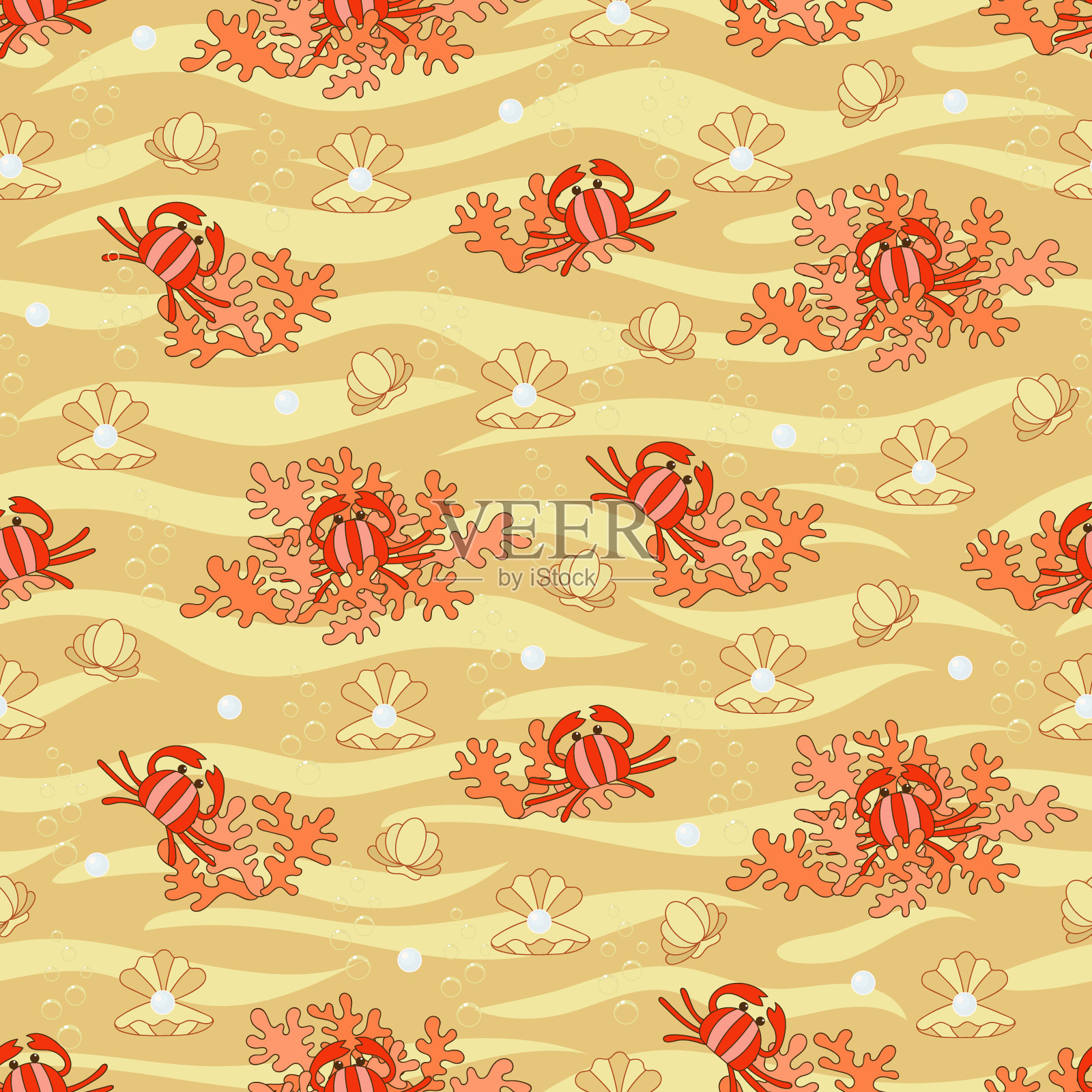 黄色阳光沙无缝图案与搞笑海洋世界:卡通蟹、珍珠、贝壳、珊瑚、海浪、海底。瓷砖背景为您的设计，织物纺织品，墙纸或包装纸。插画图片素材
