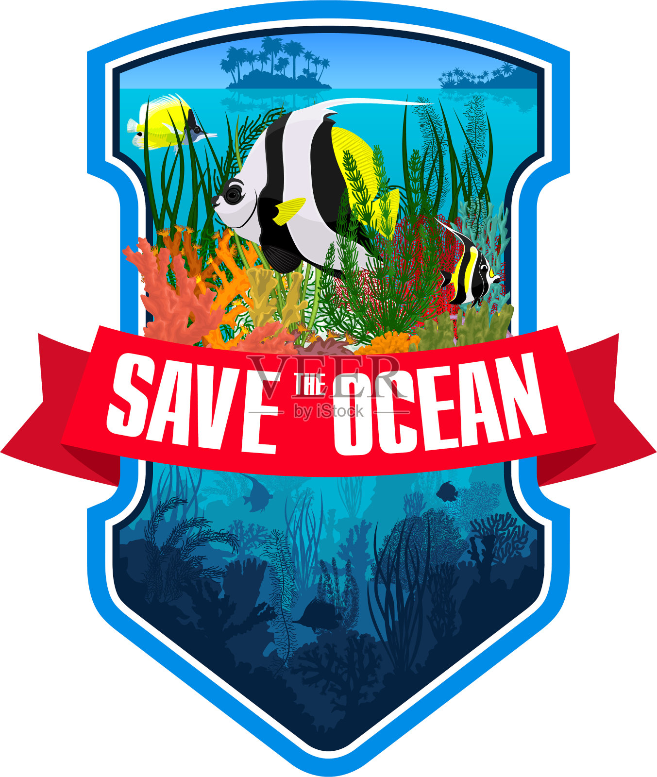 矢量标志与珊瑚礁和色彩斑斓的热带鱼插画图片素材
