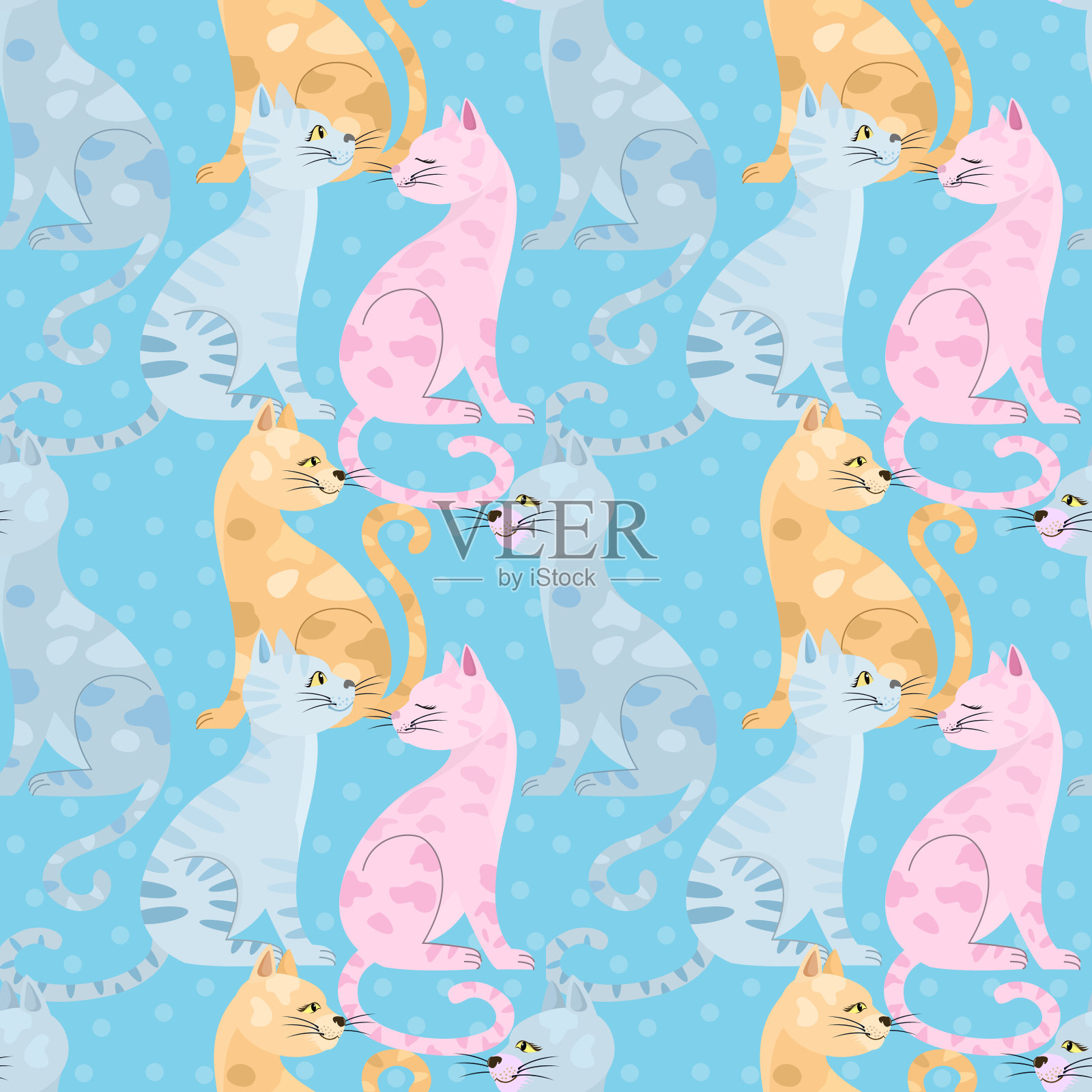 无缝模式与矢量彩色猫在蓝色背景。插画图片素材