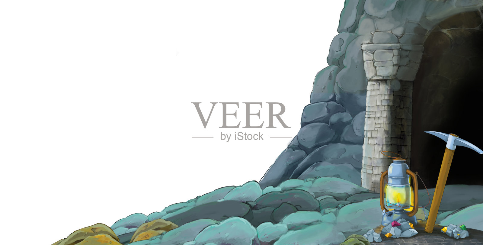 卡通场景与矿井入口在白色背景与文字空间插画图片素材