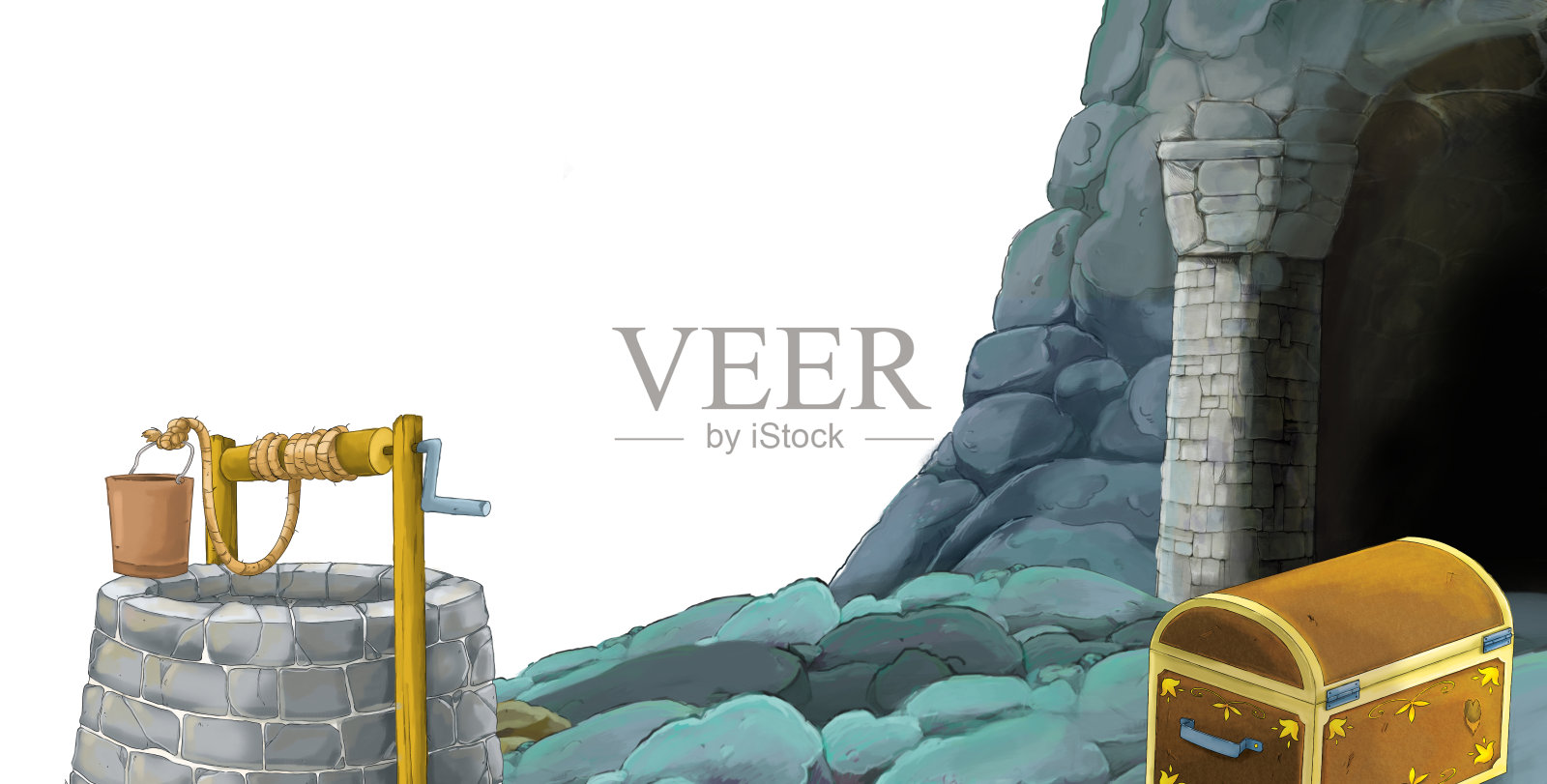 卡通场景与矿井入口在白色背景与文字空间插画图片素材